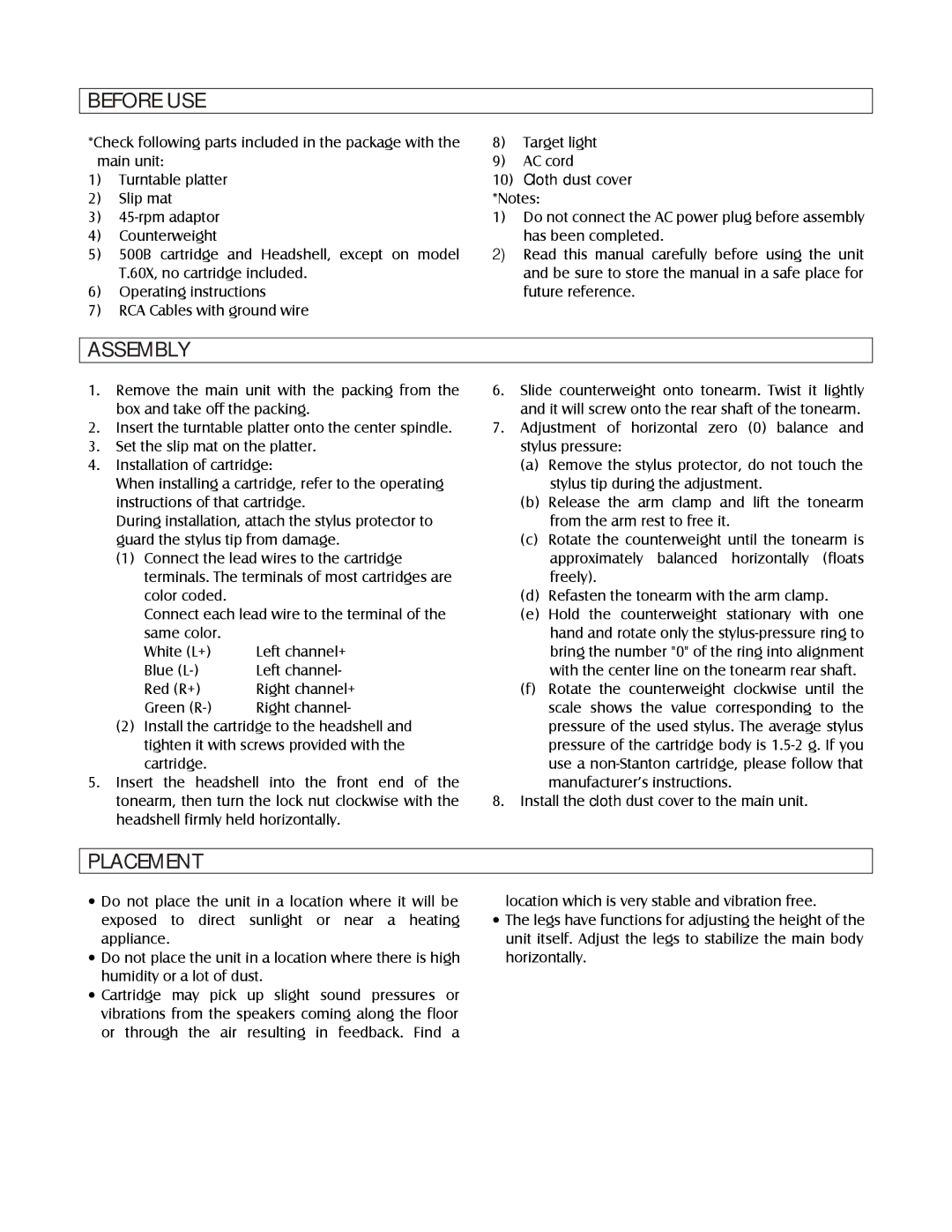 Stanton T.60 operating instructions Before USE, Assembly, Placement 