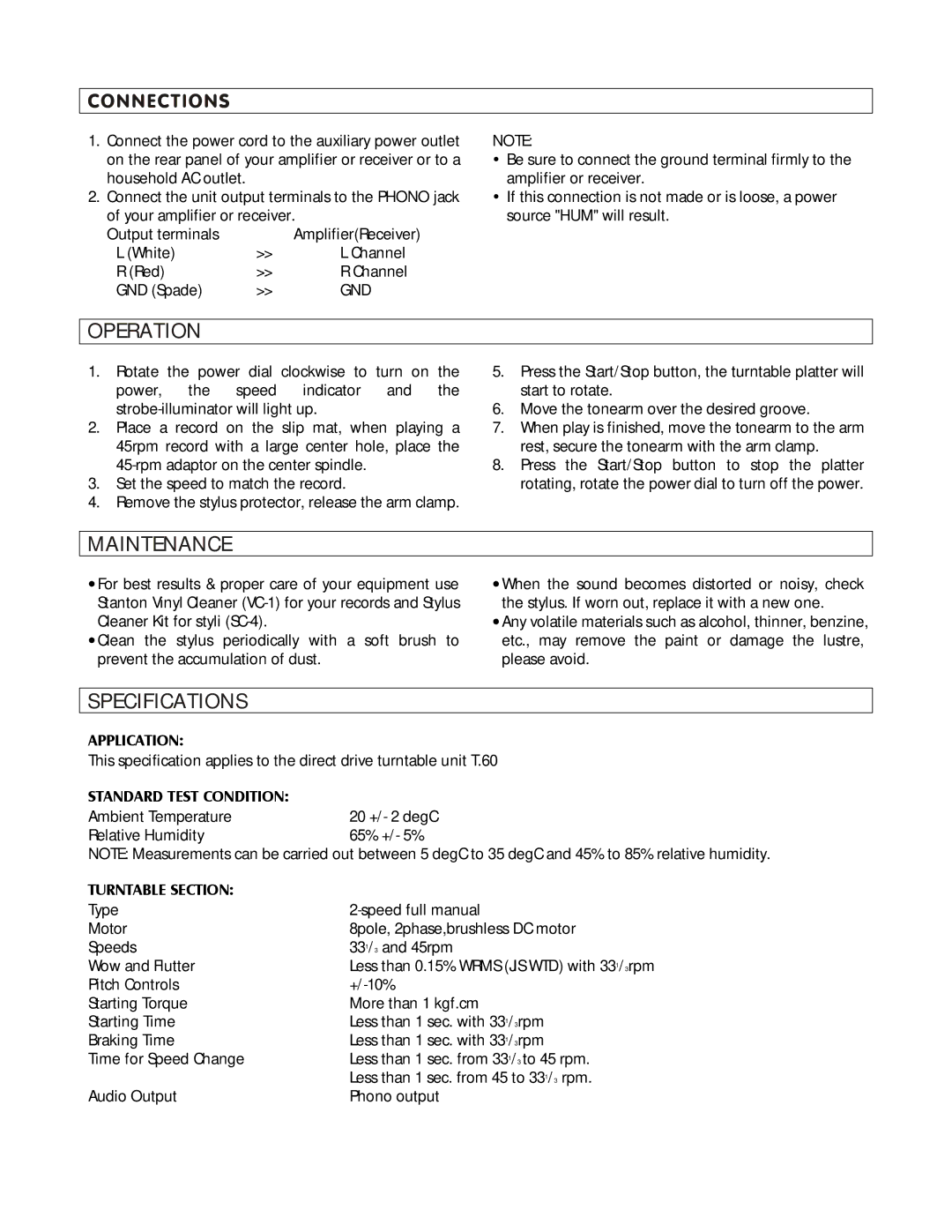 Stanton T.60 operating instructions Connections, Operation, Maintenance, Specifications 