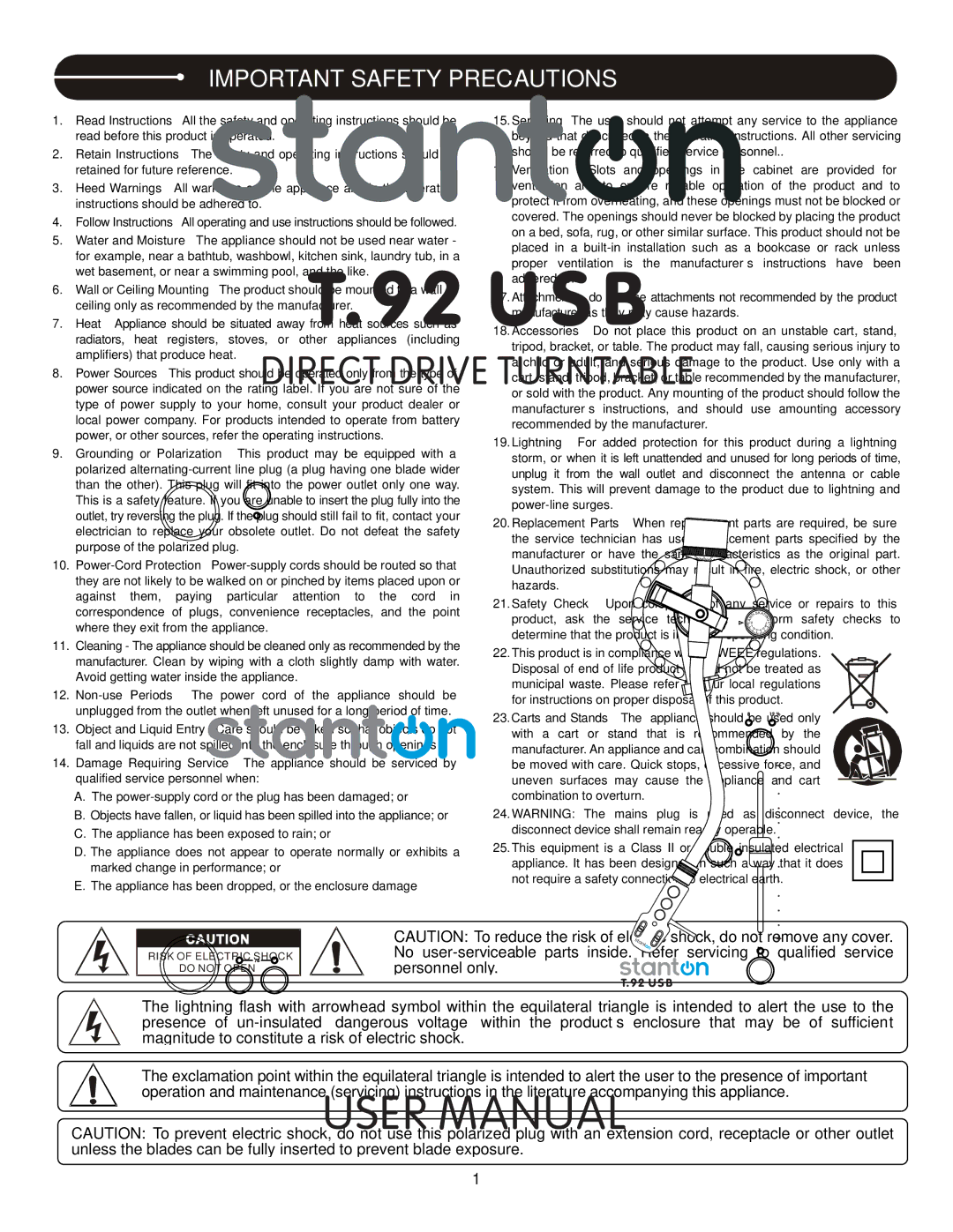 Stanton T.62 user manual Important Safety Precautions 