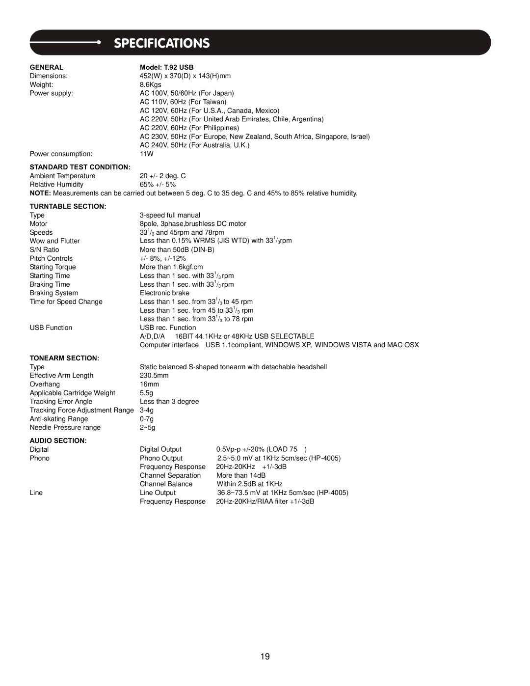 Stanton T.62 user manual Specifications 