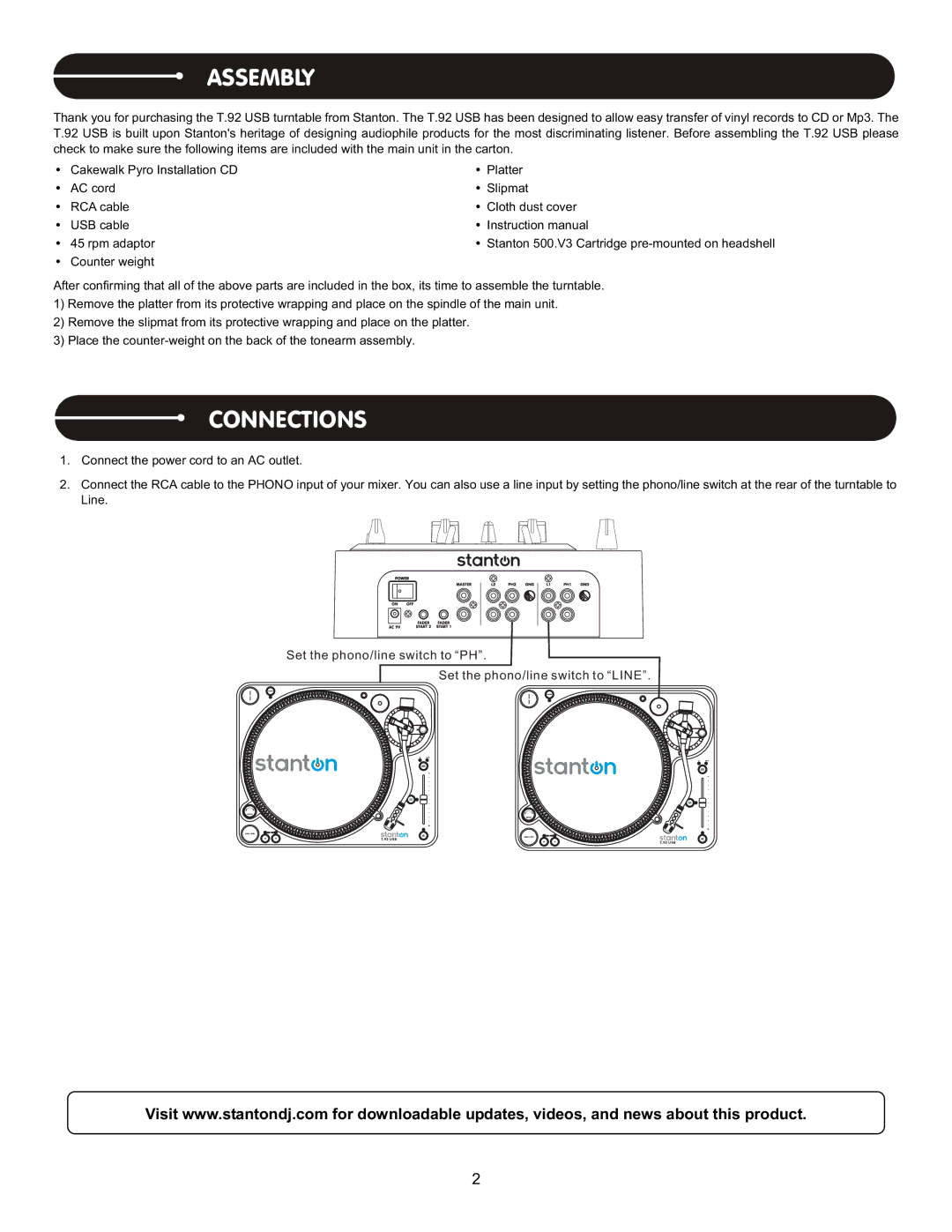 Stanton T.62 user manual Assembly, Connections 