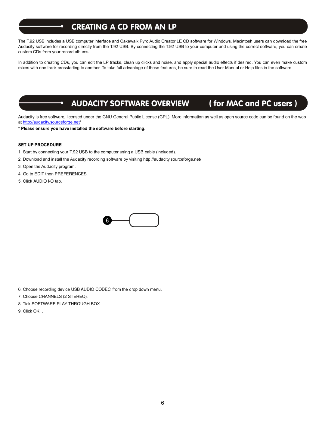 Stanton T.62 user manual Creating a CD from AN LP, Audacity Software Overview, SET UP Procedure 