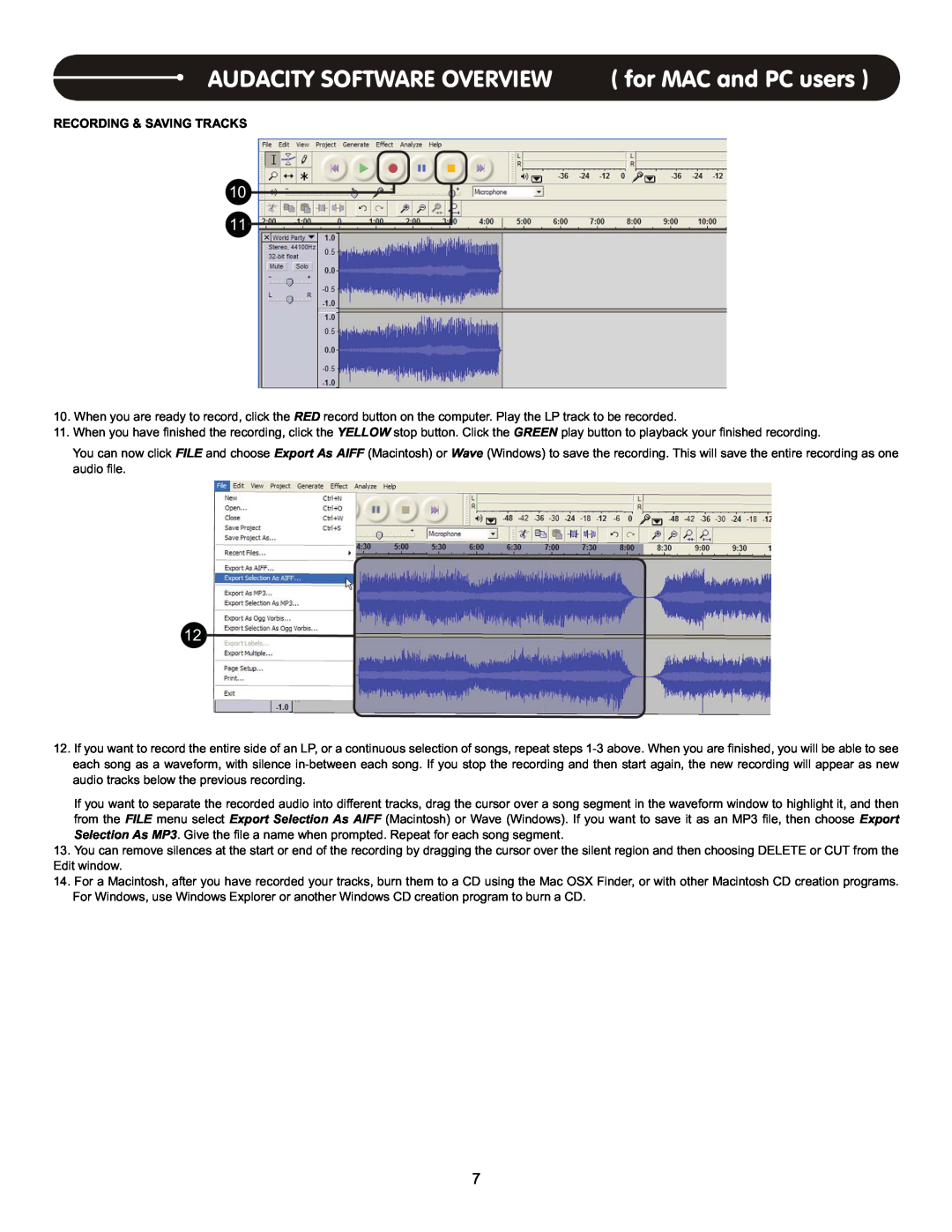 Stanton T.62 user manual Audacity Software Overview, for MAC and PC users, Recording & Saving Tracks 