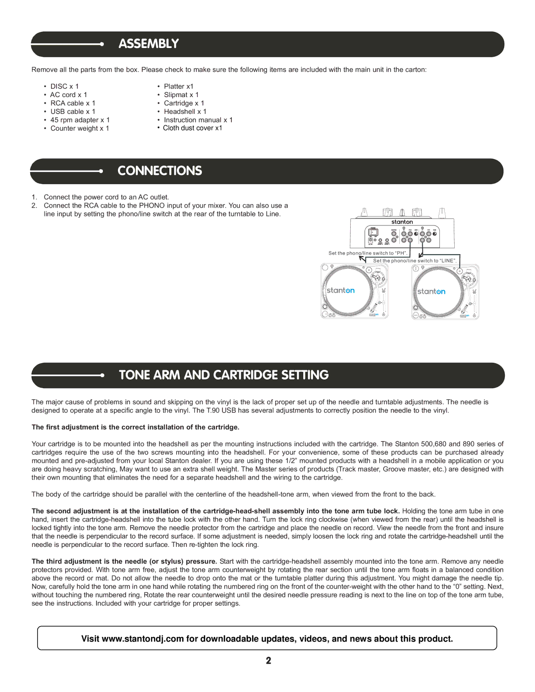 Stanton T.90 user manual Assembly, Connections, Tone ARM and Cartridge Setting 