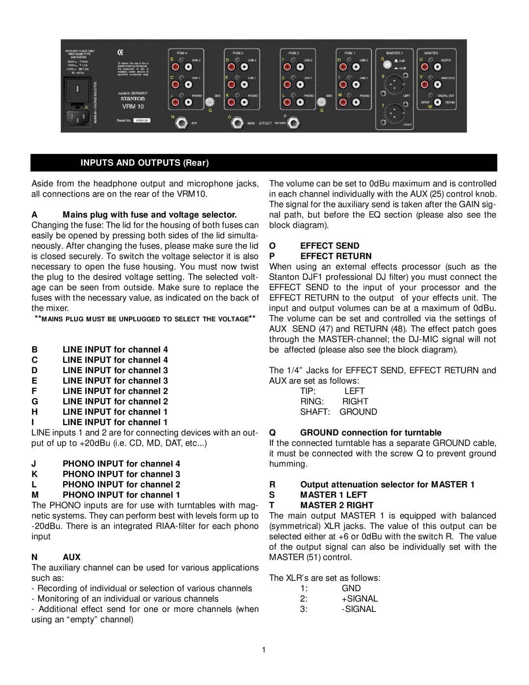 Stanton VRM-10 owner manual Inputs and Outputs Rear, Aux, Effect Send Effect Return, Master 1 Left Master 2 Right 