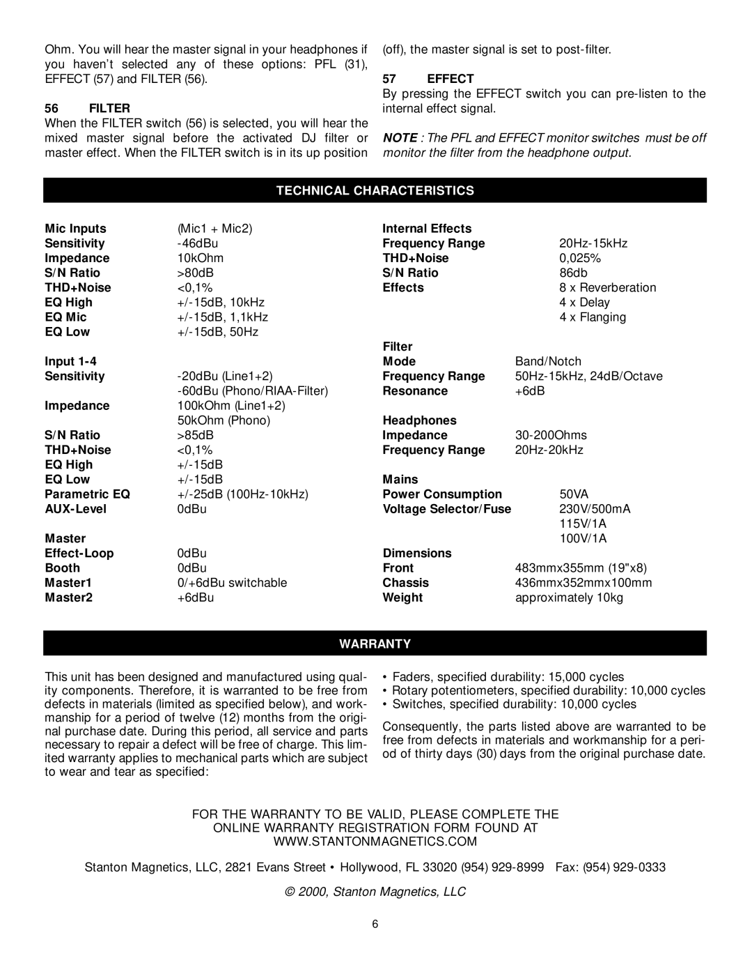 Stanton VRM-10 owner manual Filter, Effect, Technical Characteristics, Warranty 