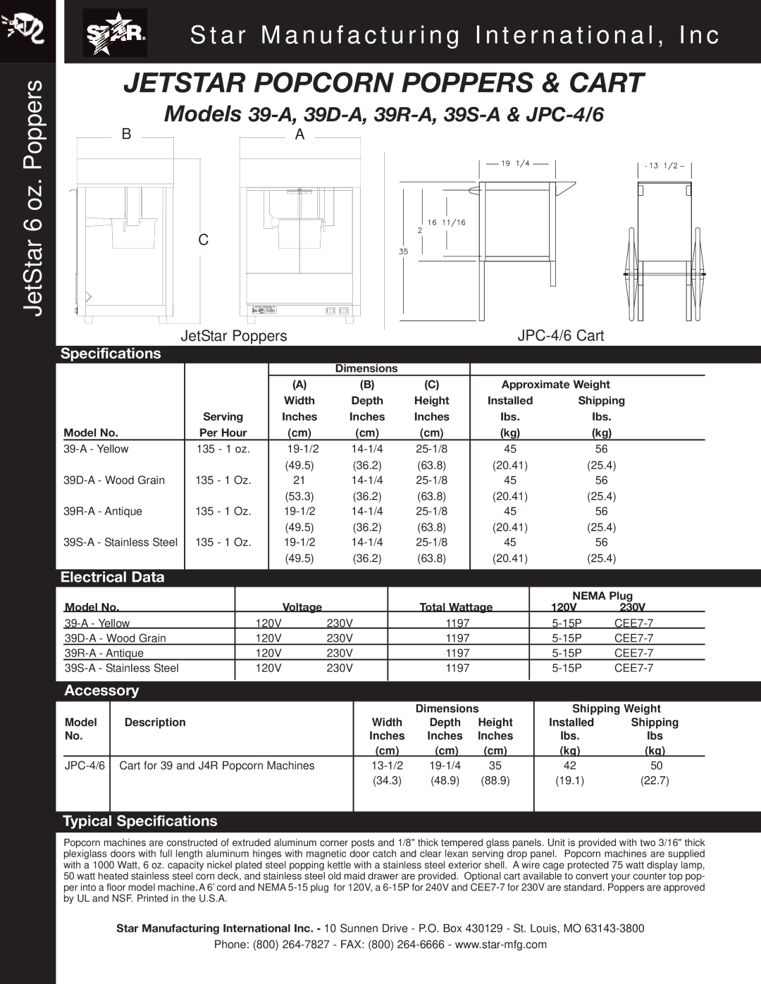 Star Manufacturing 39D-A, 39-A, 39R-A, 39S-A warranty Electrical Data, Accessory, Typical Specifications 