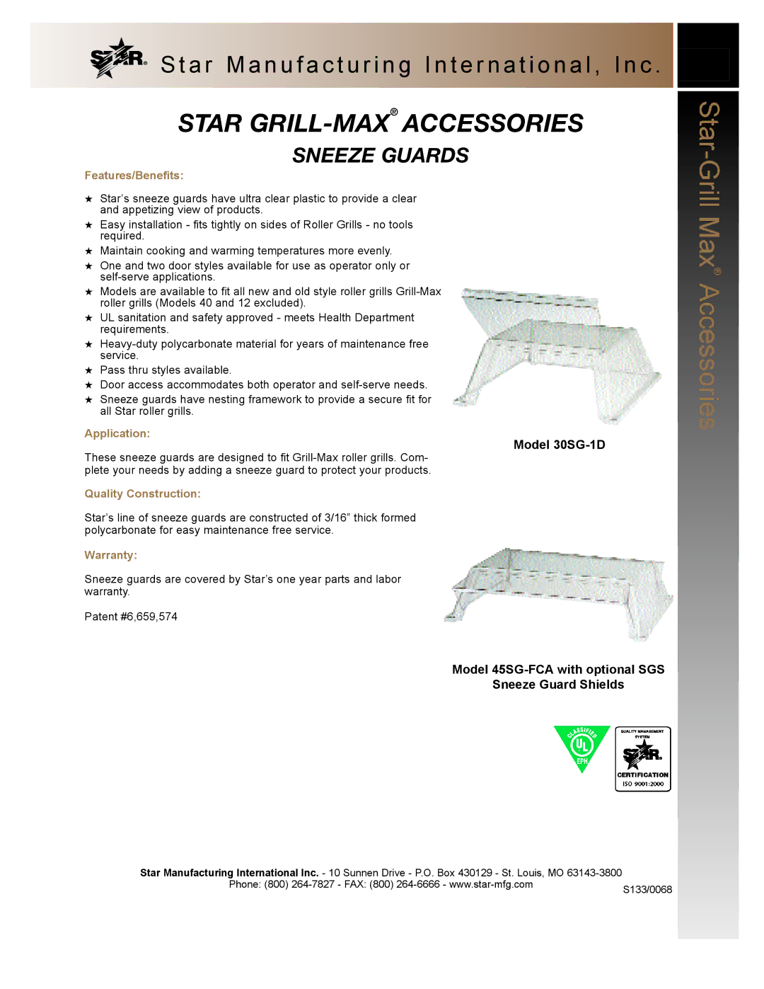 Star Manufacturing 45SG-FCA warranty Star GRILL-MAXACCESSORIES, Sneeze Guards, Model 30SG-1D 