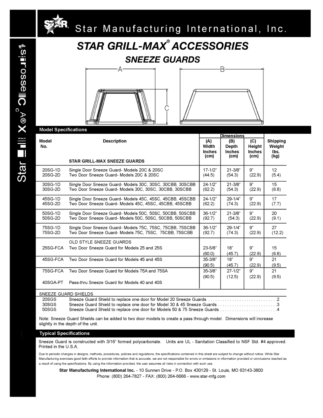 Star Manufacturing 45SG-FCA, 30SG-1D warranty Model Specifications, Typical Specifications, Star GRILL-MAX Sneeze Guards 