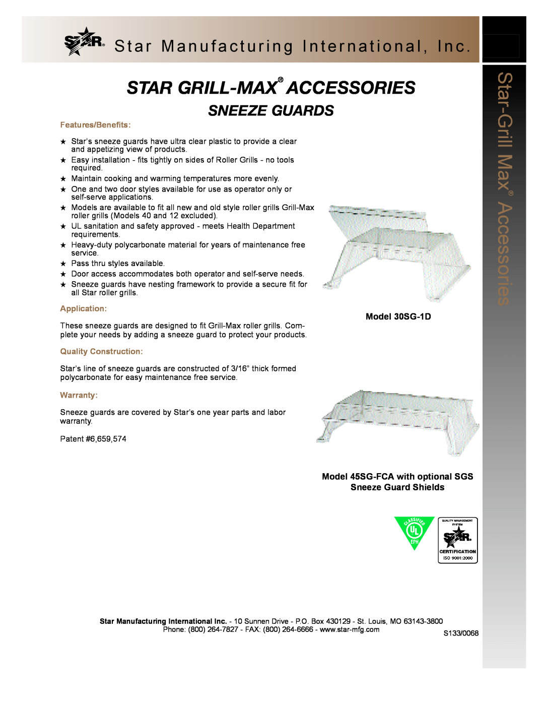 Star Manufacturing 30SG-1D warranty Star Grill-Max Accessories, Sneeze Guards, Star Manufacturing International, Inc 
