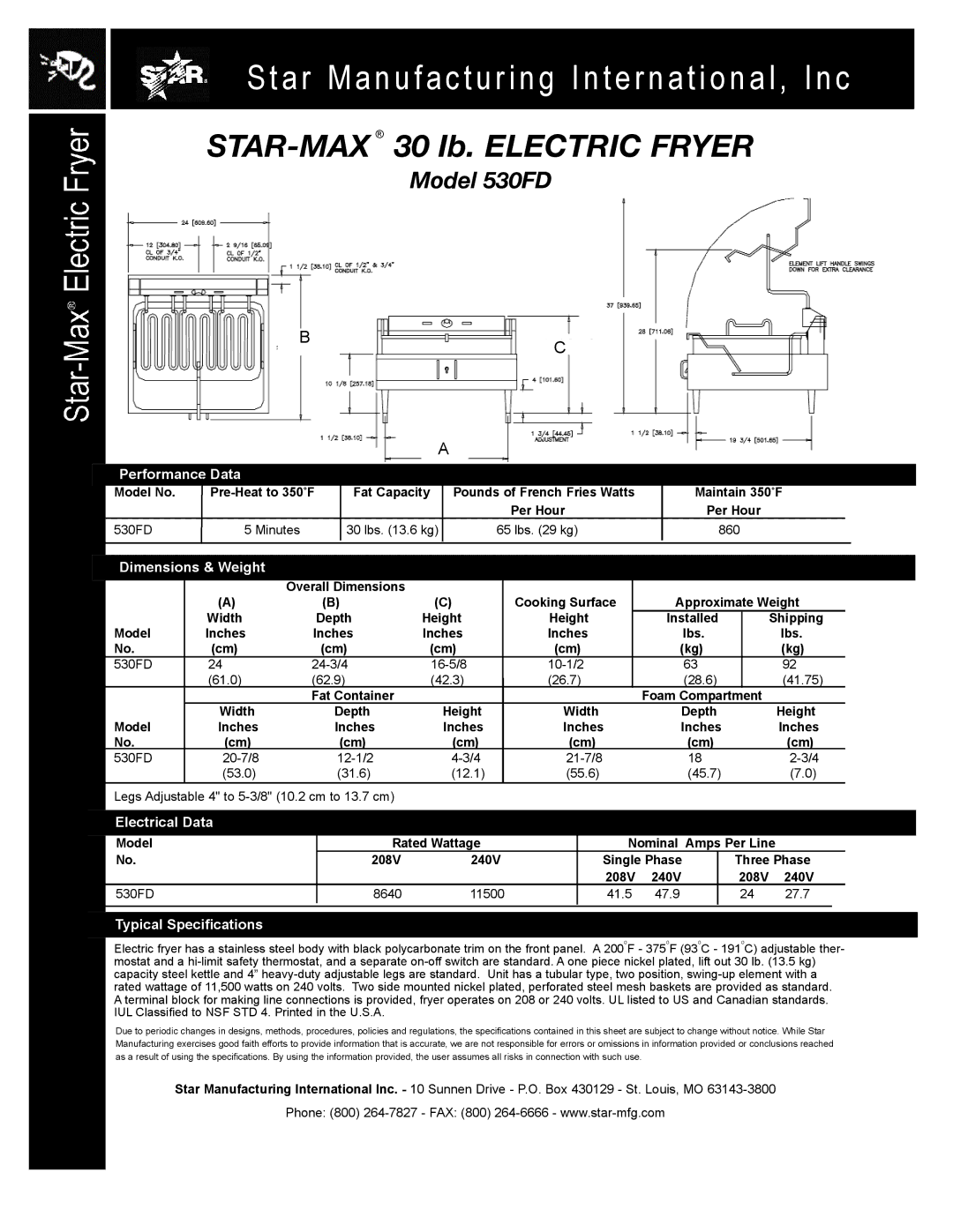 Star Manufacturing 530FD warranty Performance Data, Dimensions & Weight, Electrical Data, Typical Specifications 