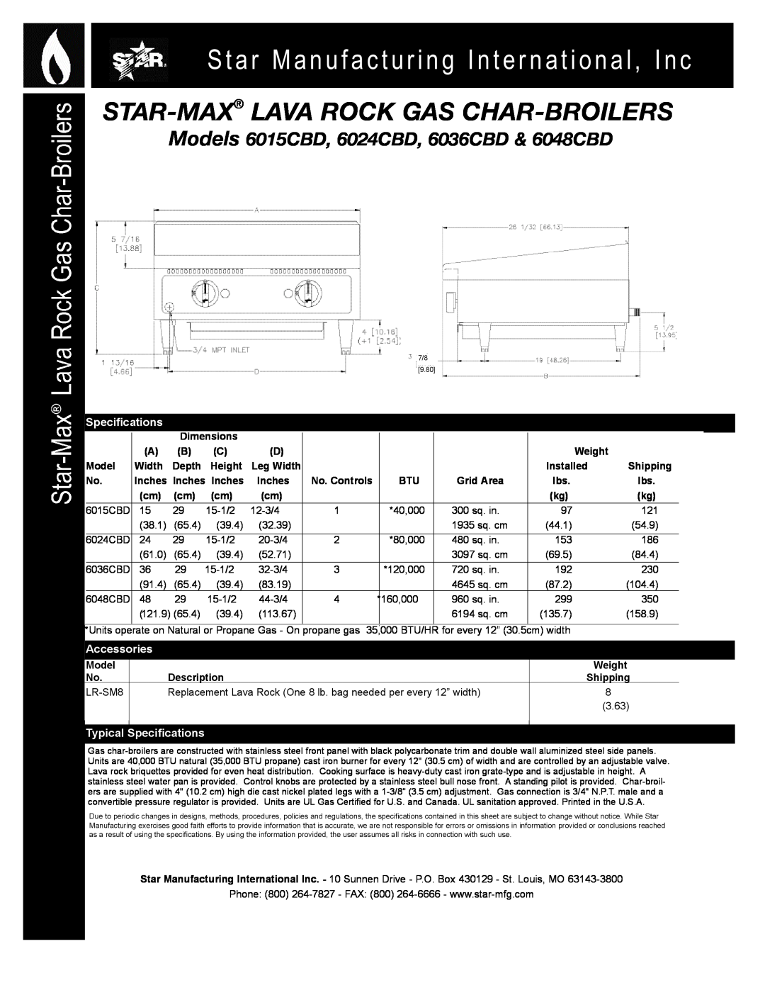 Star Manufacturing Star-Max Lava Rock Gas Char-Broilers, Models 6015CBD, 6024CBD, 6036CBD & 6048CBD, Specifications 
