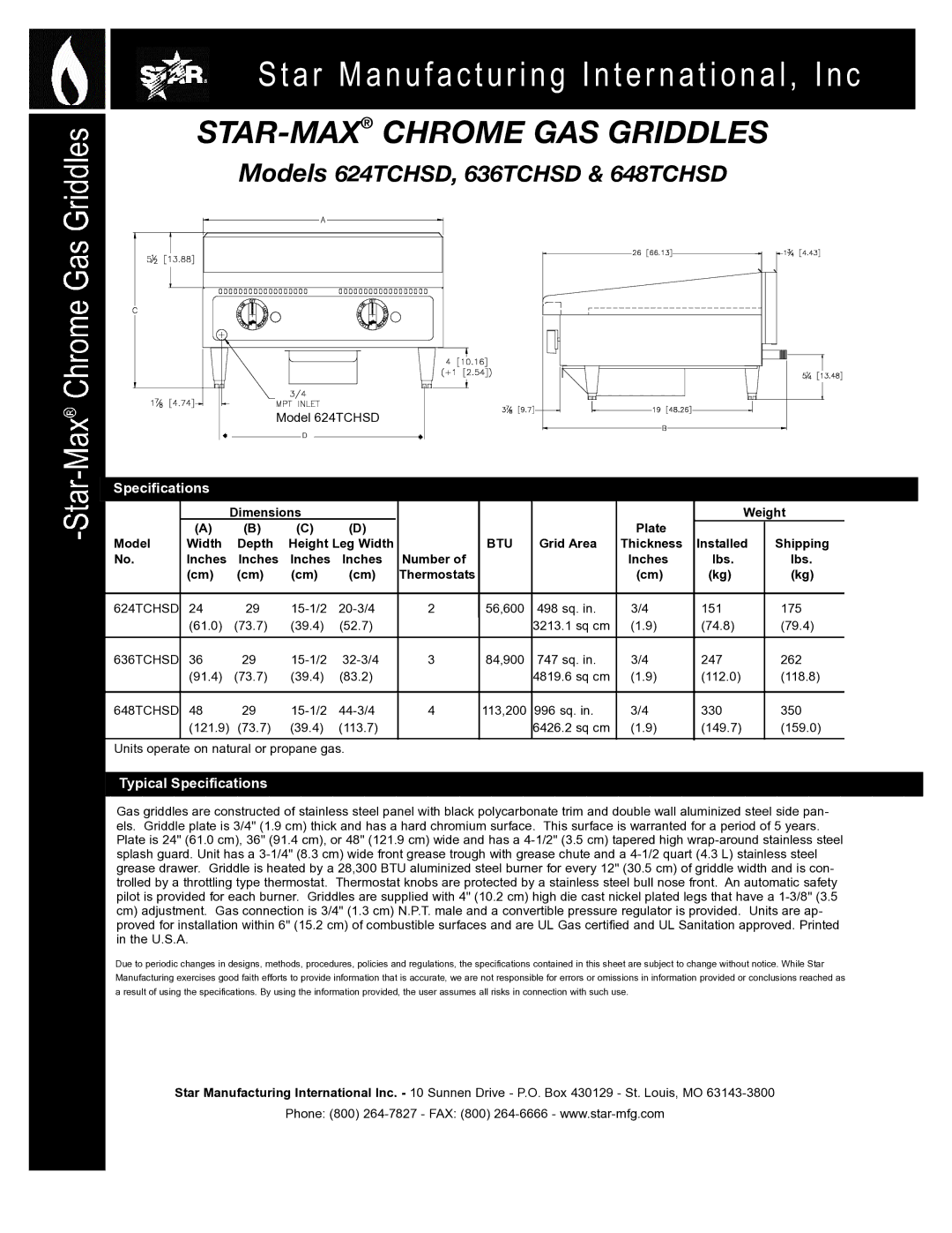 Star Manufacturing 636TCHSD, 624TCHSD, 648TCHSD warranty Typical Specifications 