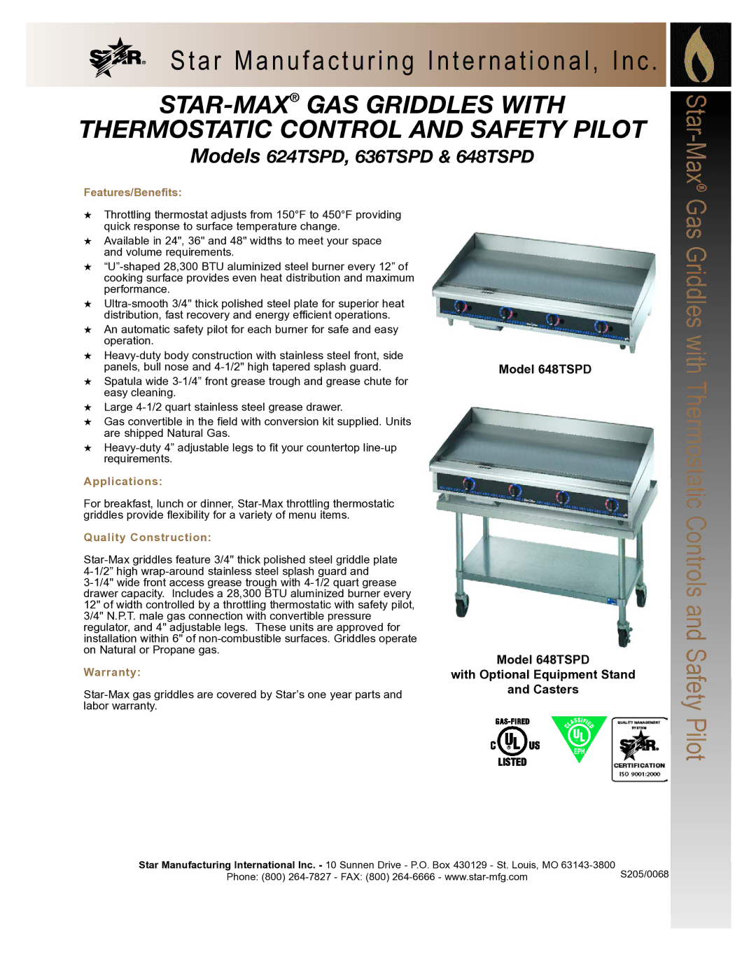 Star Manufacturing 624TSPD, 648TSPD, 636TSPD warranty Features/Benefits, Applications, Quality Construction, Warranty 