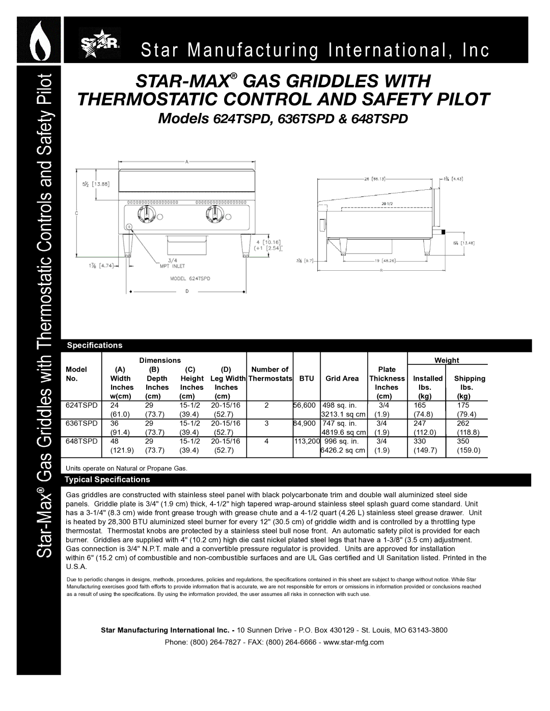 Star Manufacturing 636TSPD, 648TSPD, 624TSPD warranty Typical Specifications 