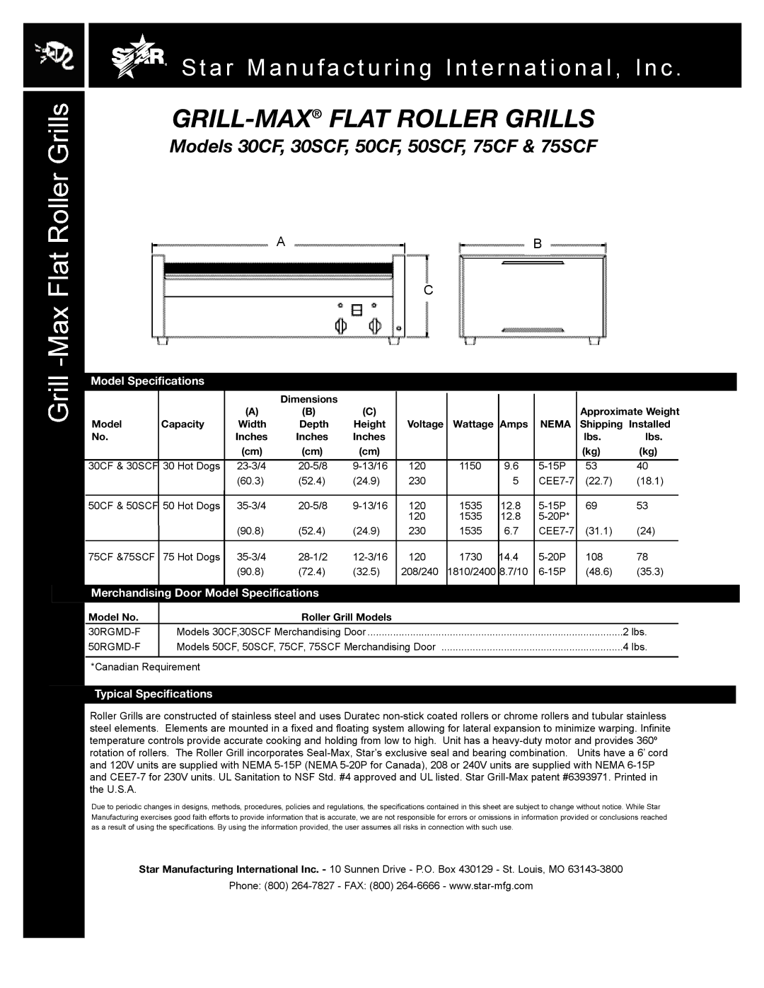 Star Manufacturing 75CF, 75SCF, 50SCF, 50CF, 30CF, 30SCF Merchandising Door Model Specifications, Typical Specifications 