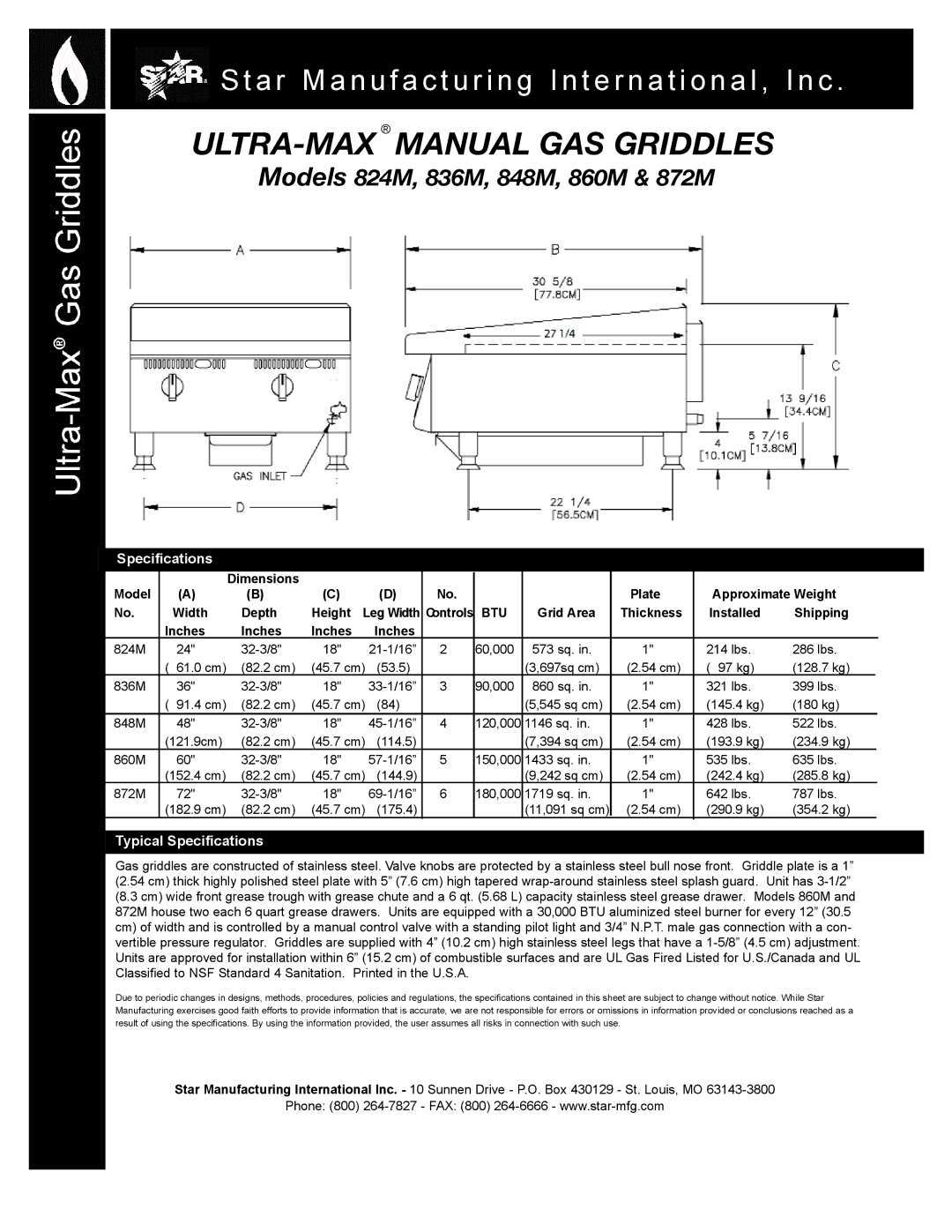 Star Manufacturing 860M, 848M, 872M, 836M, 824M warranty ULTRA-MAX Manual GAS Griddles, Typical Specifications 