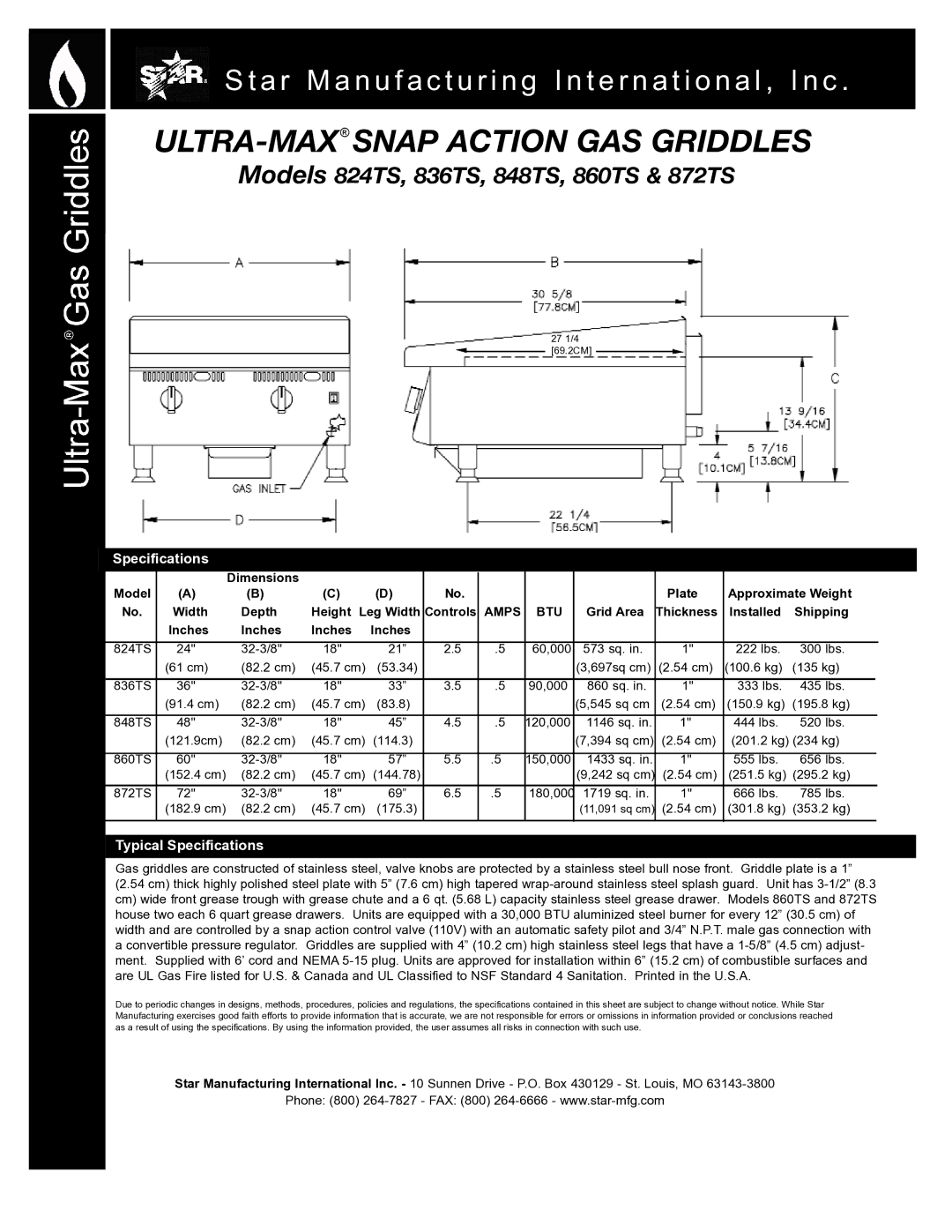 Star Manufacturing 872TS, 860TS, 848TS, 836TS, 824TS warranty Typical Specifications 