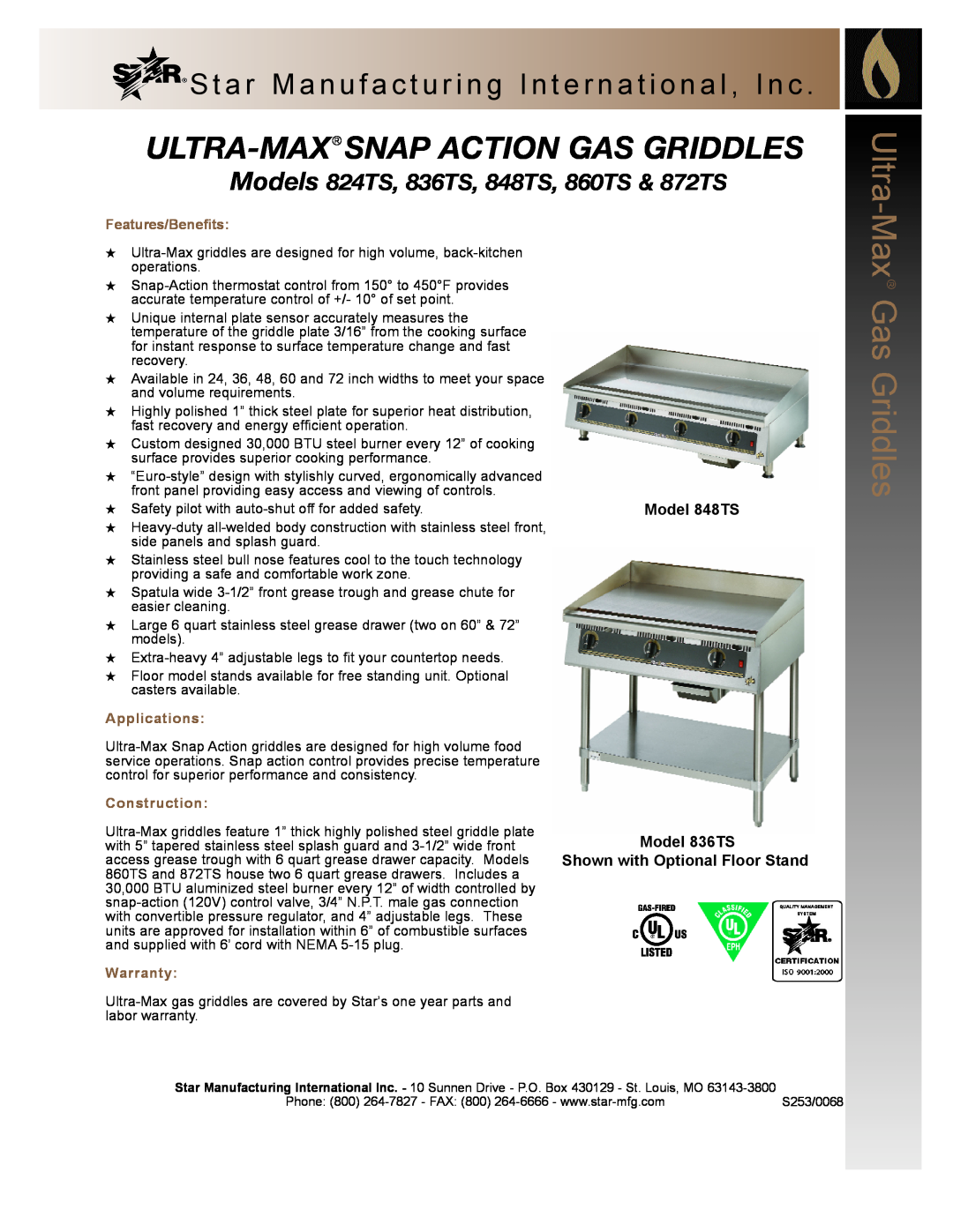Star Manufacturing warranty Ultra-Max Snap Action Gas Griddles, Models 824TS, 836TS, 848TS, 860TS & 872TS, Applications 