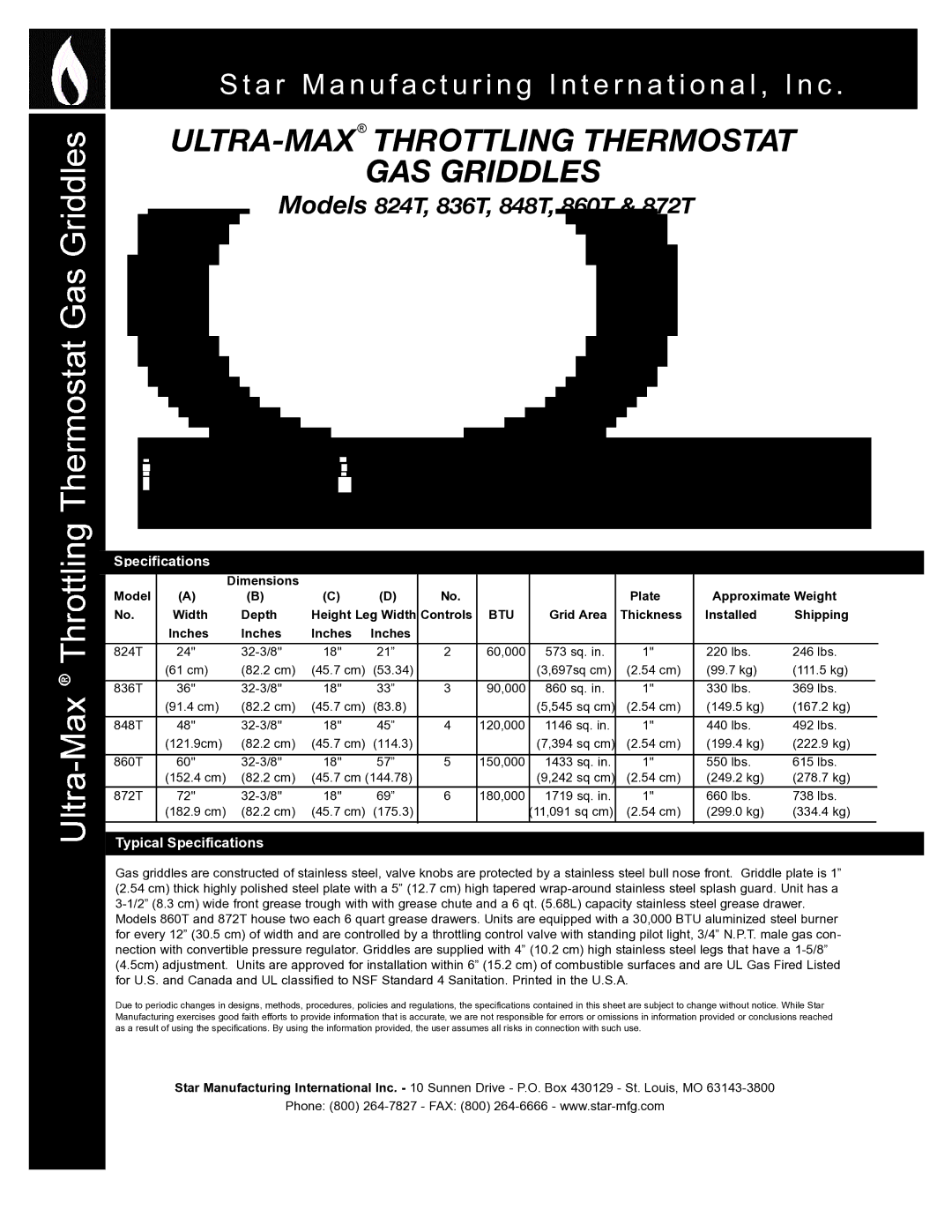 Star Manufacturing 836T, 872T, 848T, 824T warranty Typical Specifications 