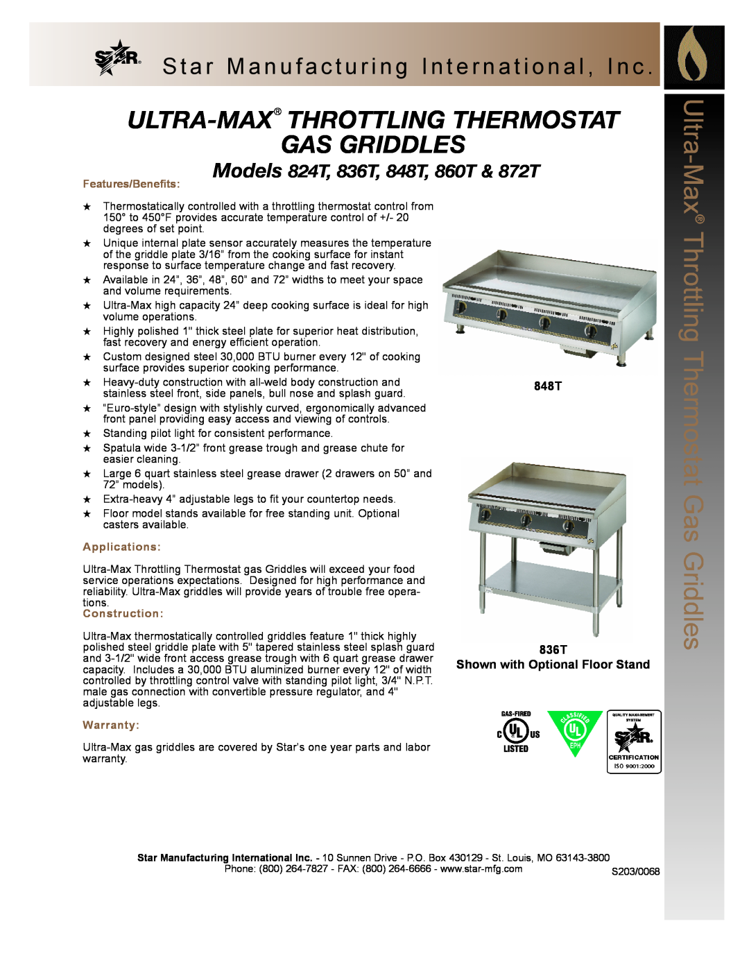 Star Manufacturing warranty Ultra-Max Throttling Thermostat Gas Griddles, Models 824T, 836T, 848T, 860T & 872T 