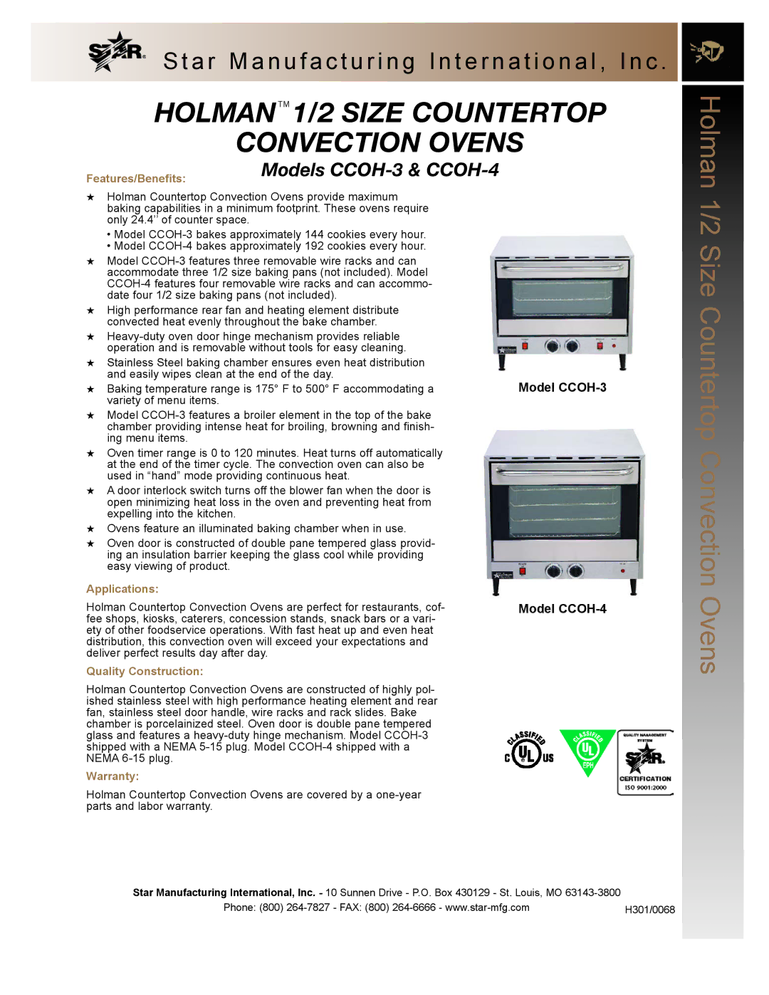 Star Manufacturing warranty Holmantm 1/2 Size Countertop Convection Ovens, Models CCOH-3 & CCOH-4 