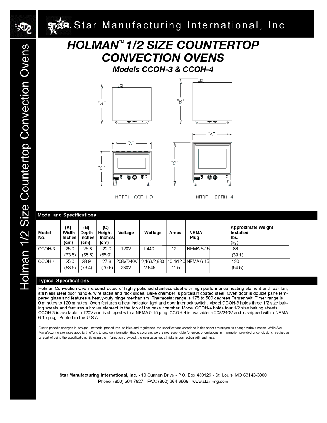 Star Manufacturing CCOH-3, CCOH-4 warranty Model and Specifications, Typical Specifications, Nema 