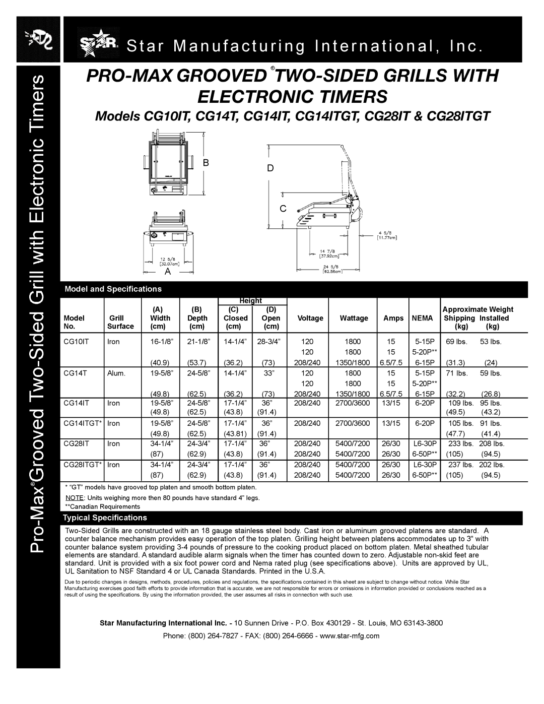 Star Manufacturing CG28ITGT, CG10IT, CG14T, CG14ITGT warranty Model and Specifications, Typical Specifications 