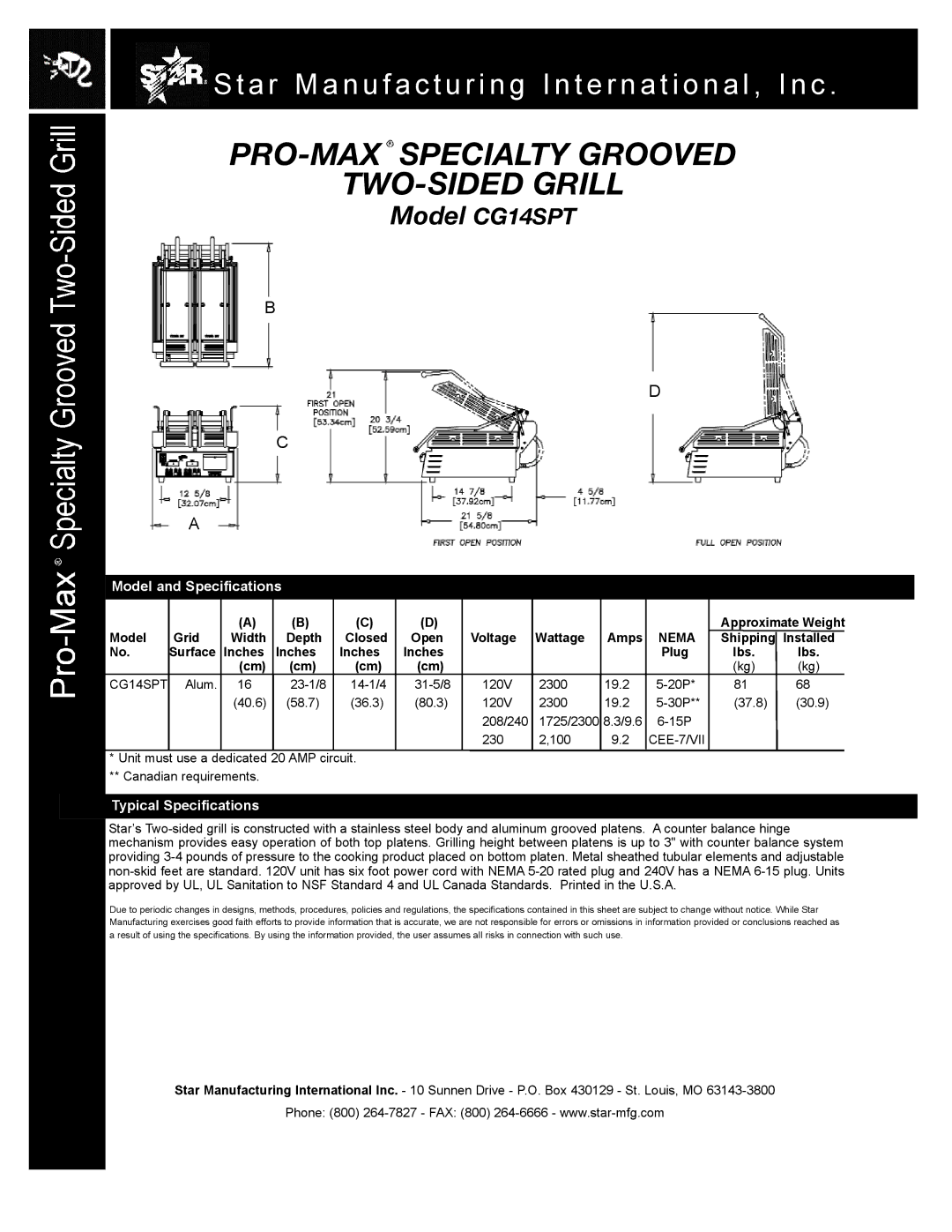 Star Manufacturing CG14SPT specifications Model and Specifications, Typical Specifications 