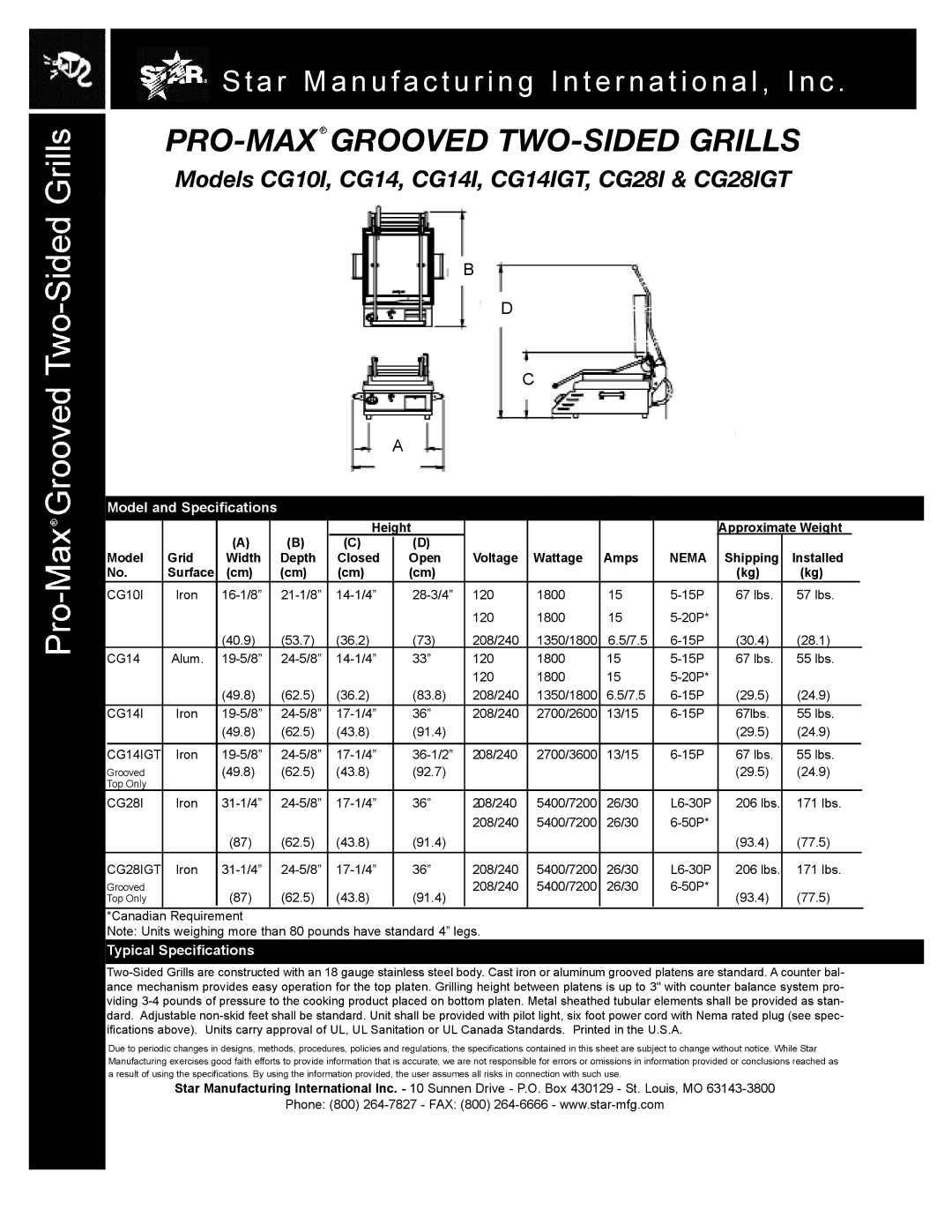 Star Manufacturing CG10I, CG28IGT, CG14IGT warranty Model and Specifications, Typical Specifications 