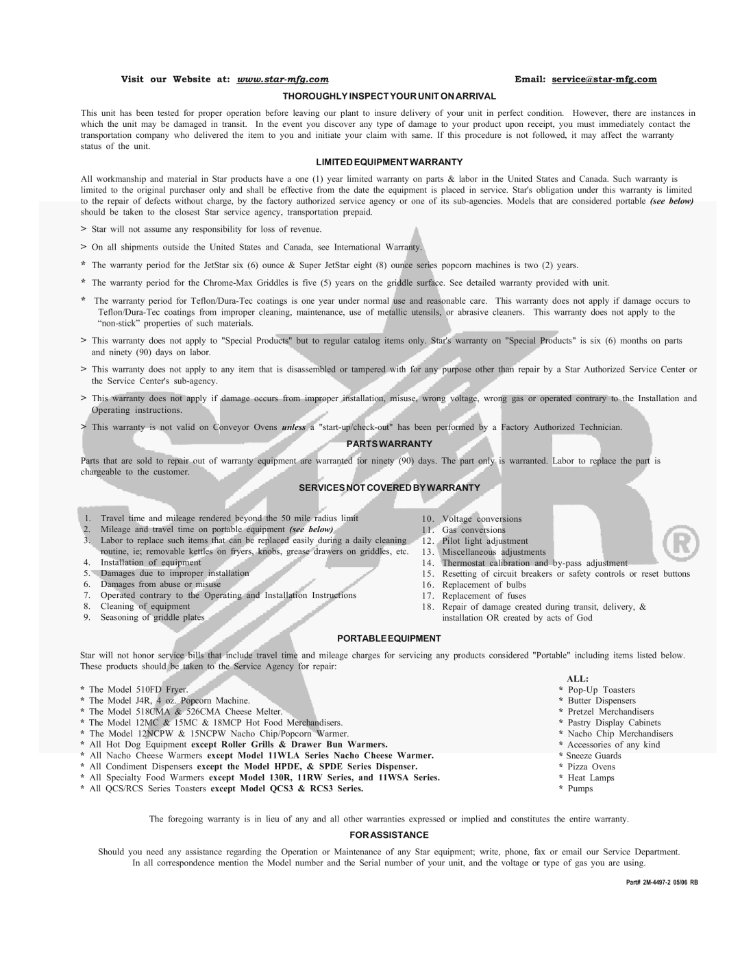 Star Manufacturing GR10, GR14, CG10, CG14 manual For Assistance 