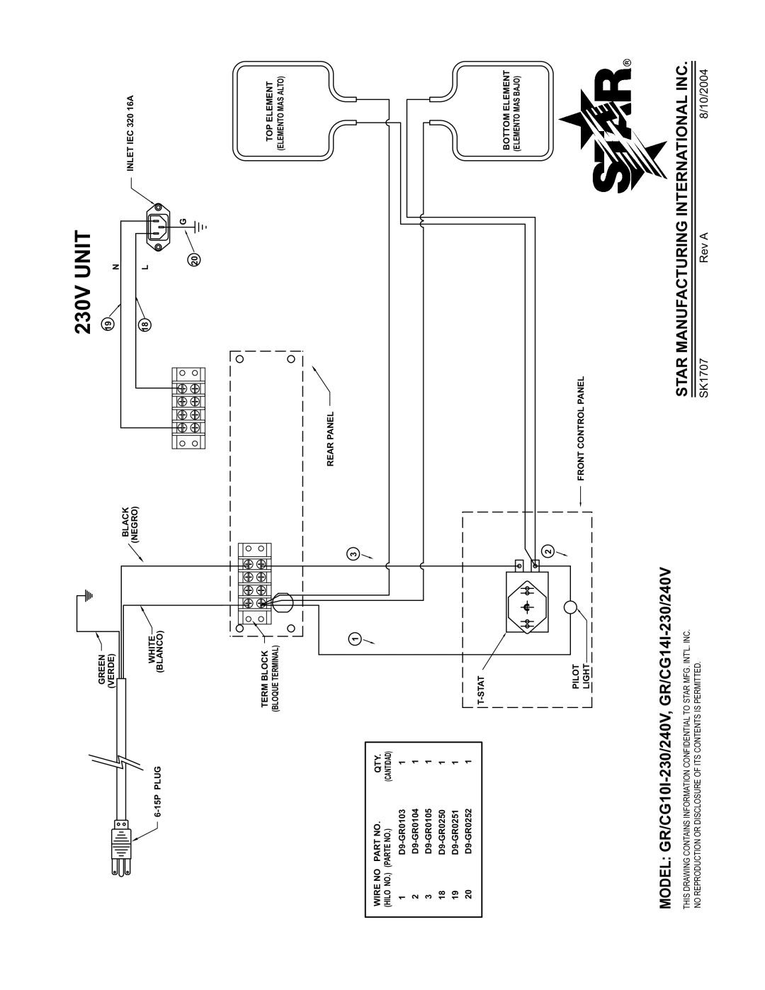 Star Manufacturing GR14, CG10, GR10, CG14 manual 230V Unit, SK1707 Rev a 10/2004 