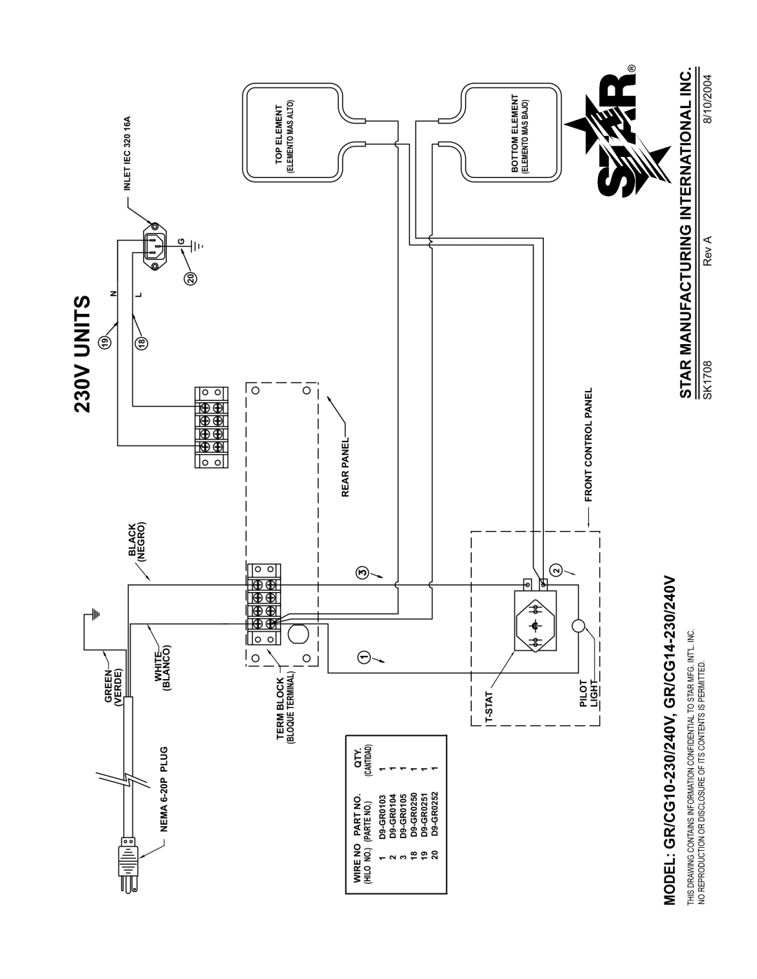 Star Manufacturing CG10, GR14, GR10, CG14 manual SK1708 Rev a 10/2004, Wire no QTY 