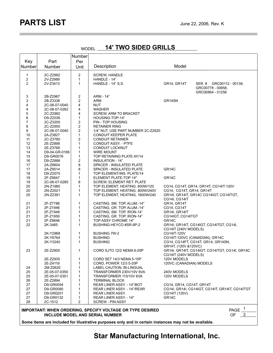 Star Manufacturing GR10, CG10, CG14 manual ARM GR14SN 