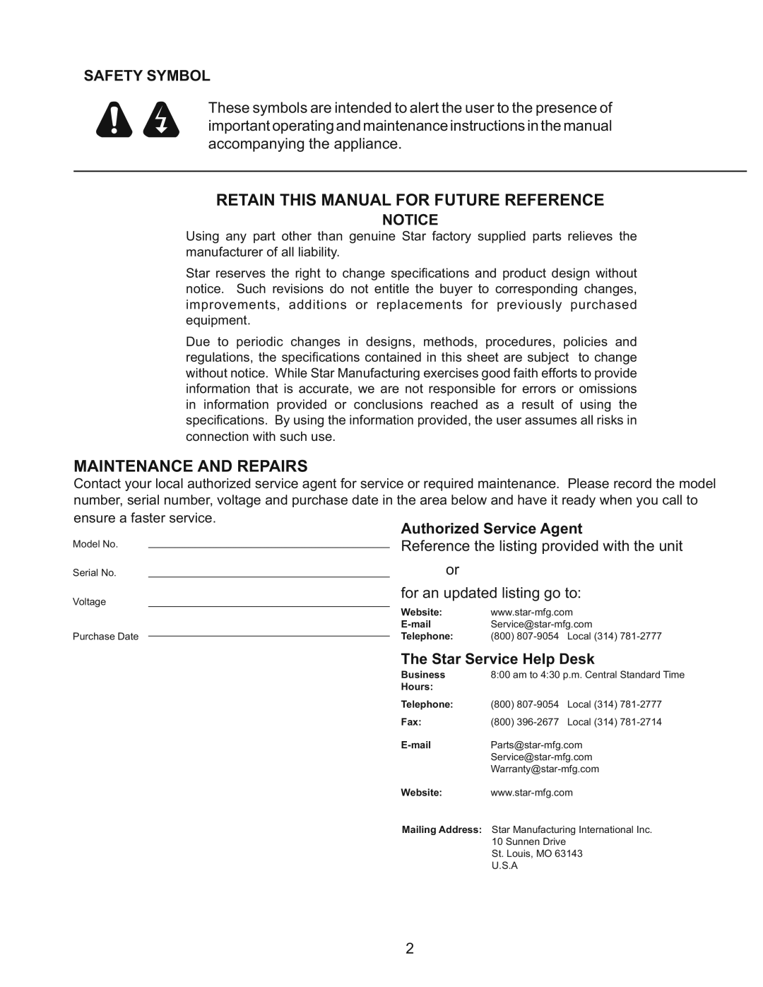 Star Manufacturing GR10, GR14, CG10, CG14 manual Retain this Manual for Future Reference 