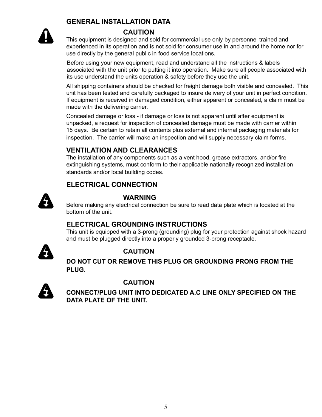 Star Manufacturing CG10, GR14, GR10, CG14 manual General Installation Data, Ventilation and Clearances, Electrical Connection 