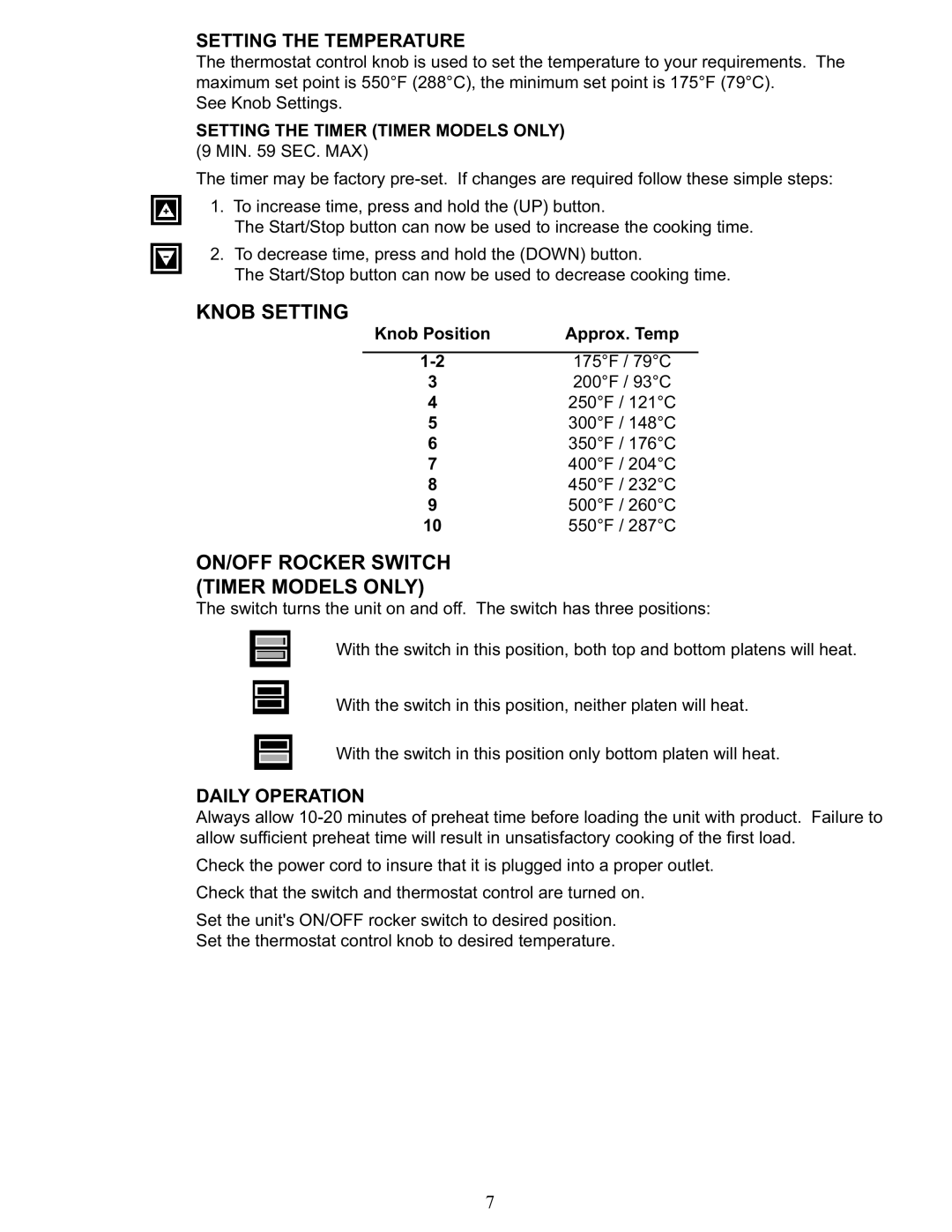 Star Manufacturing CG14 Knob Setting, ON/OFF Rocker Switch Timer Models only, Setting the Temperature, Daily Operation 