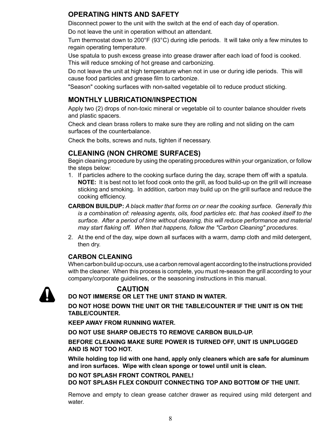 Star Manufacturing GR14, CG10 Operating Hints and Safety, Monthly LUBRICATION/INSPECTION, Cleaning NON Chrome Surfaces 