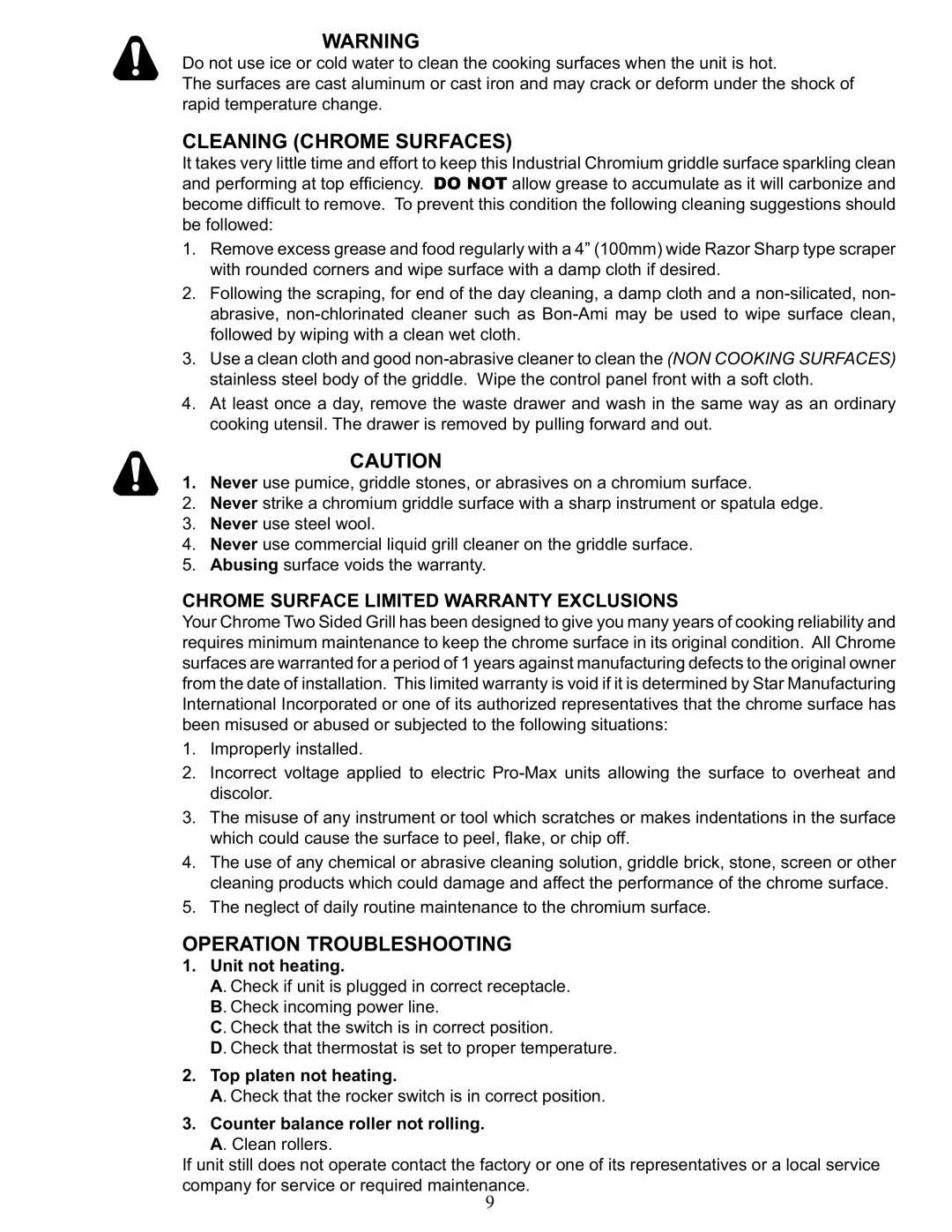 Star Manufacturing CG10 Cleaning Chrome Surfaces, Operation Troubleshooting, Chrome Surface Limited Warranty Exclusions 