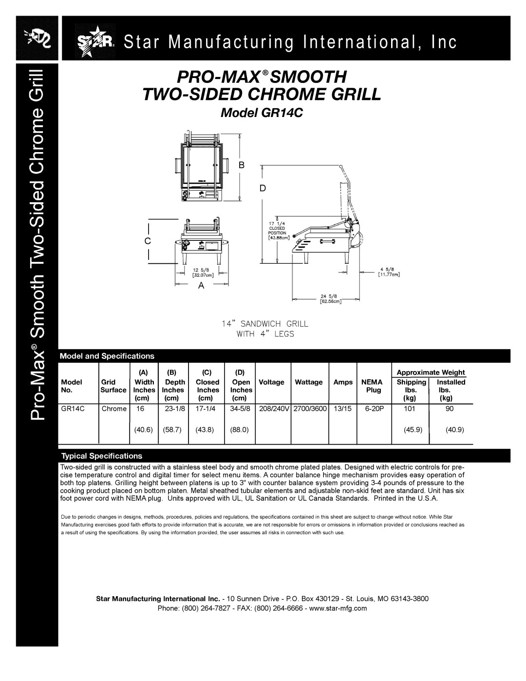 Star Manufacturing GR14C PRO-MAX Smooth TWO-SIDED Chrome Grill, Model and Specifications, Typical Specifications 