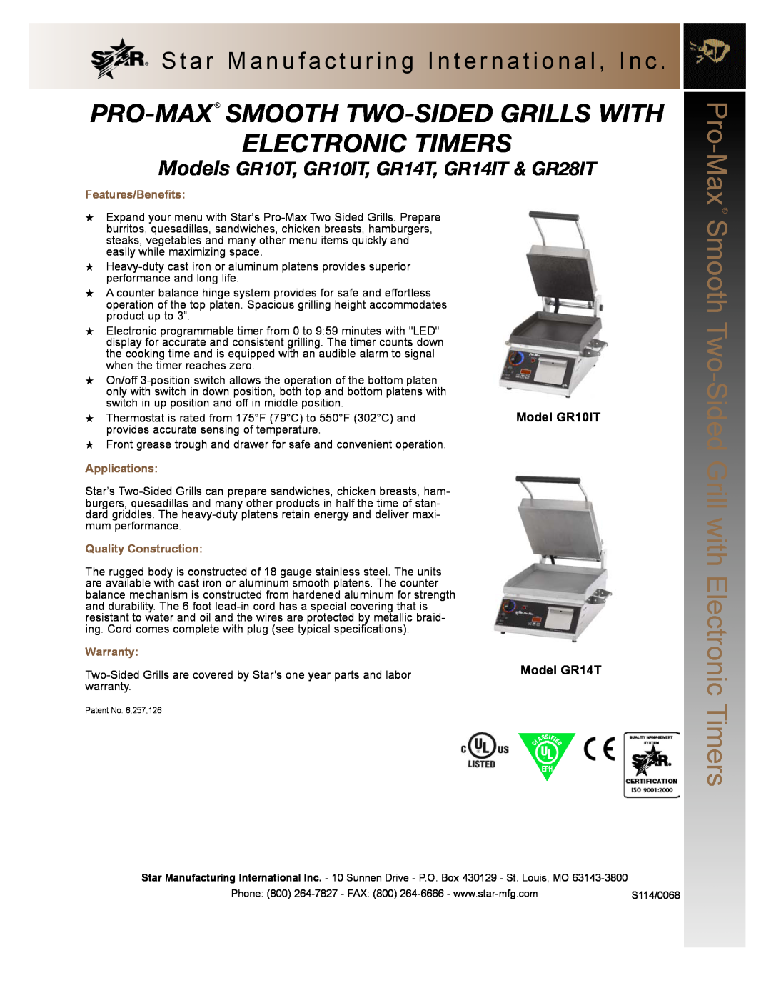 Star Manufacturing specifications Pro-Maxsmooth Two-Sidedgrills With, Electronic Timers, Model GR10IT, Model GR14T 