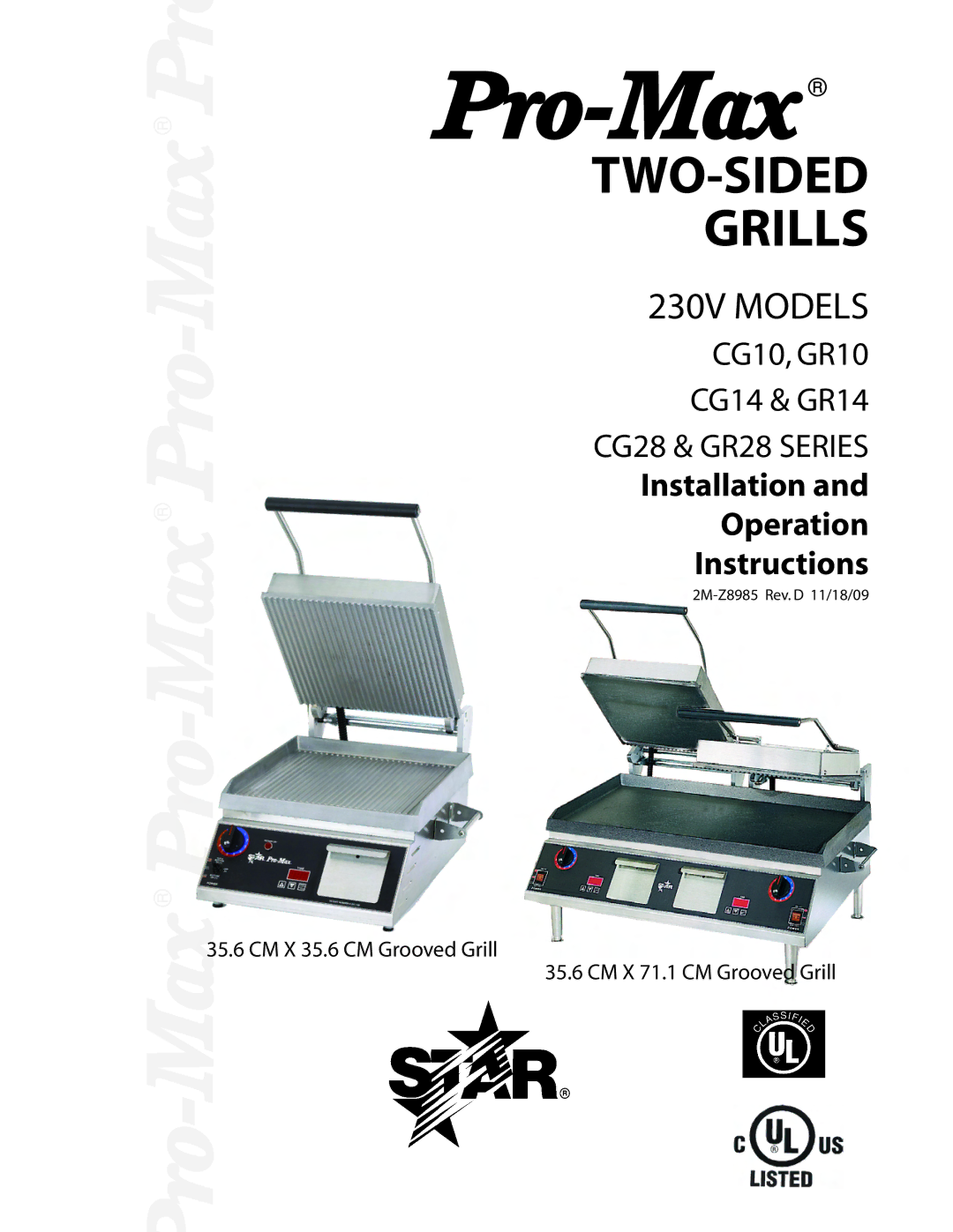 Star Manufacturing CG10, GR28, CG28, GR10 manual TWO-SIDED Grills, 2M-Z8985 Rev. D 11/18/09 