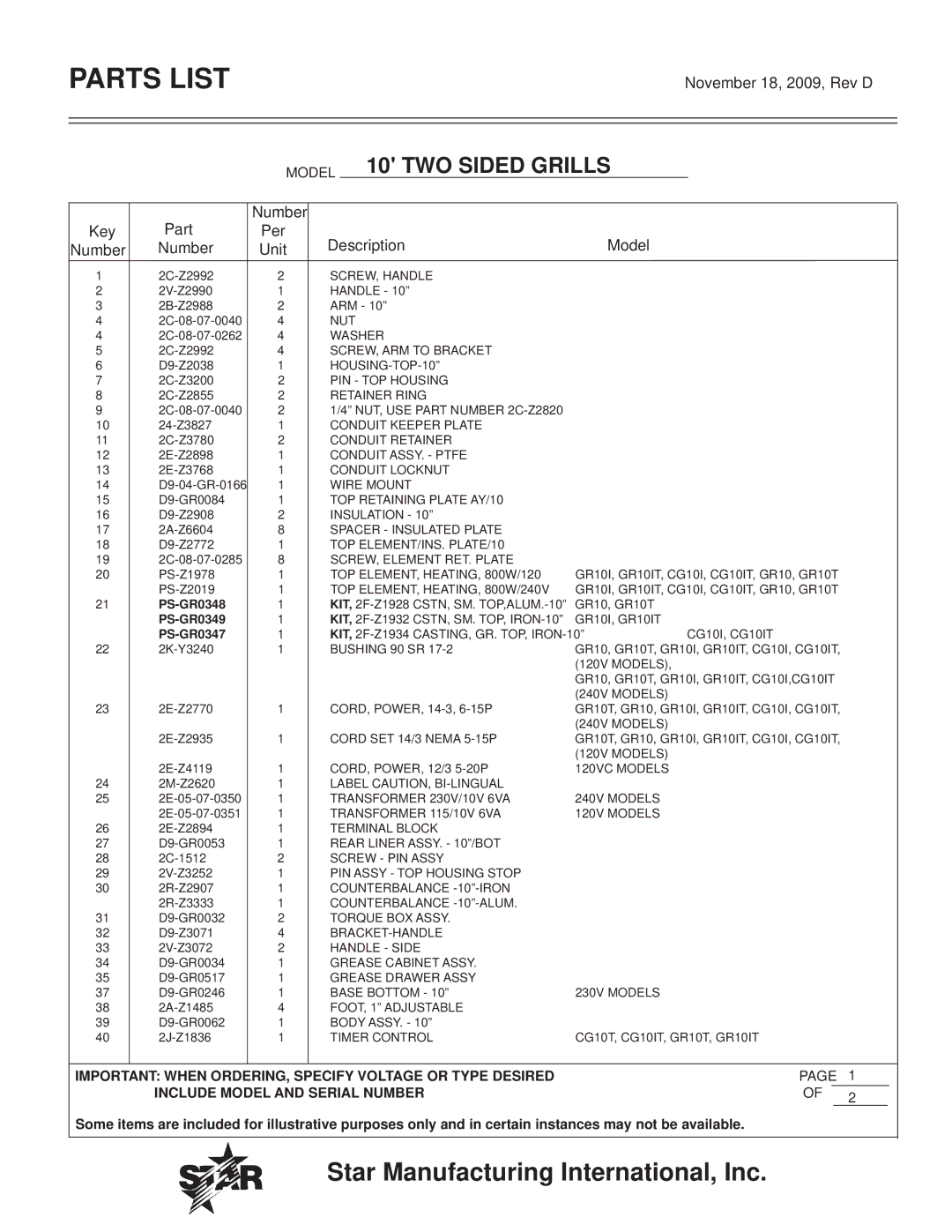 Star Manufacturing GR28, CG10, CG28, GR10 manual Model 10 TWO Sided Grills, November 18, 2009, Rev D, Key Number Part 