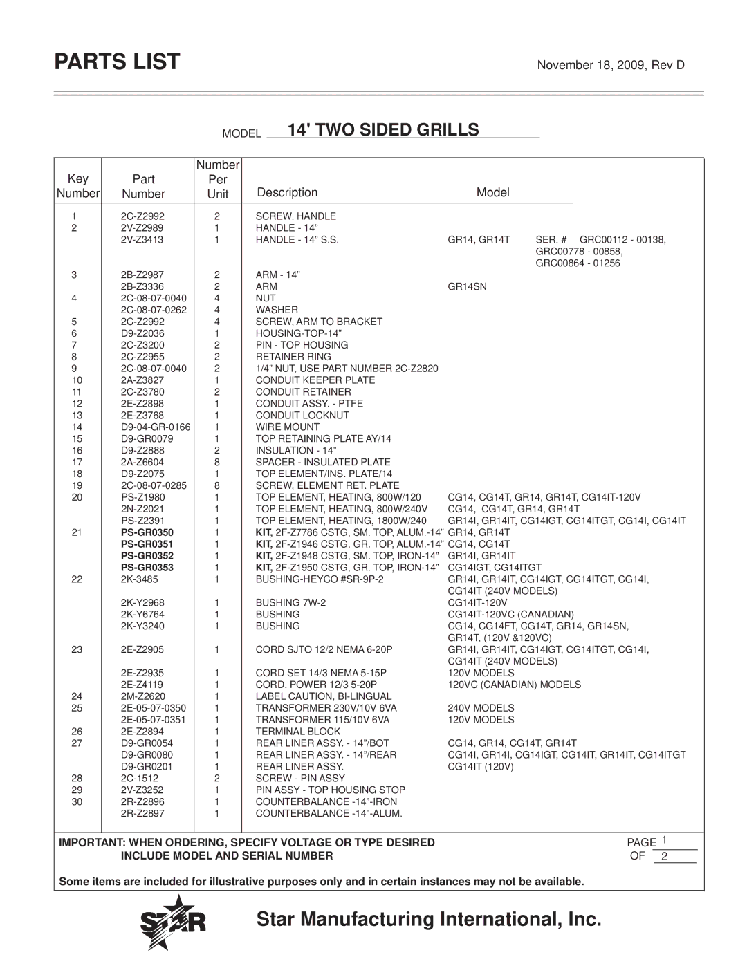 Star Manufacturing CG28, GR28, CG10, GR10 manual TWO Sided Grills, Key Part Number Per Description Model Unit 