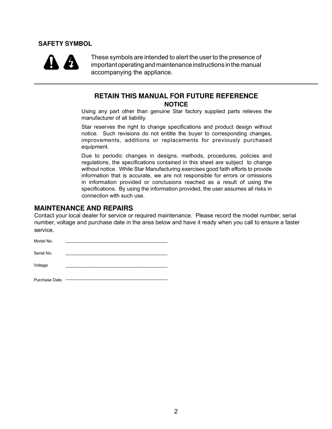 Star Manufacturing CG28, GR28, CG10, GR10 manual Retain this Manual for Future Reference, Maintenance and Repairs 