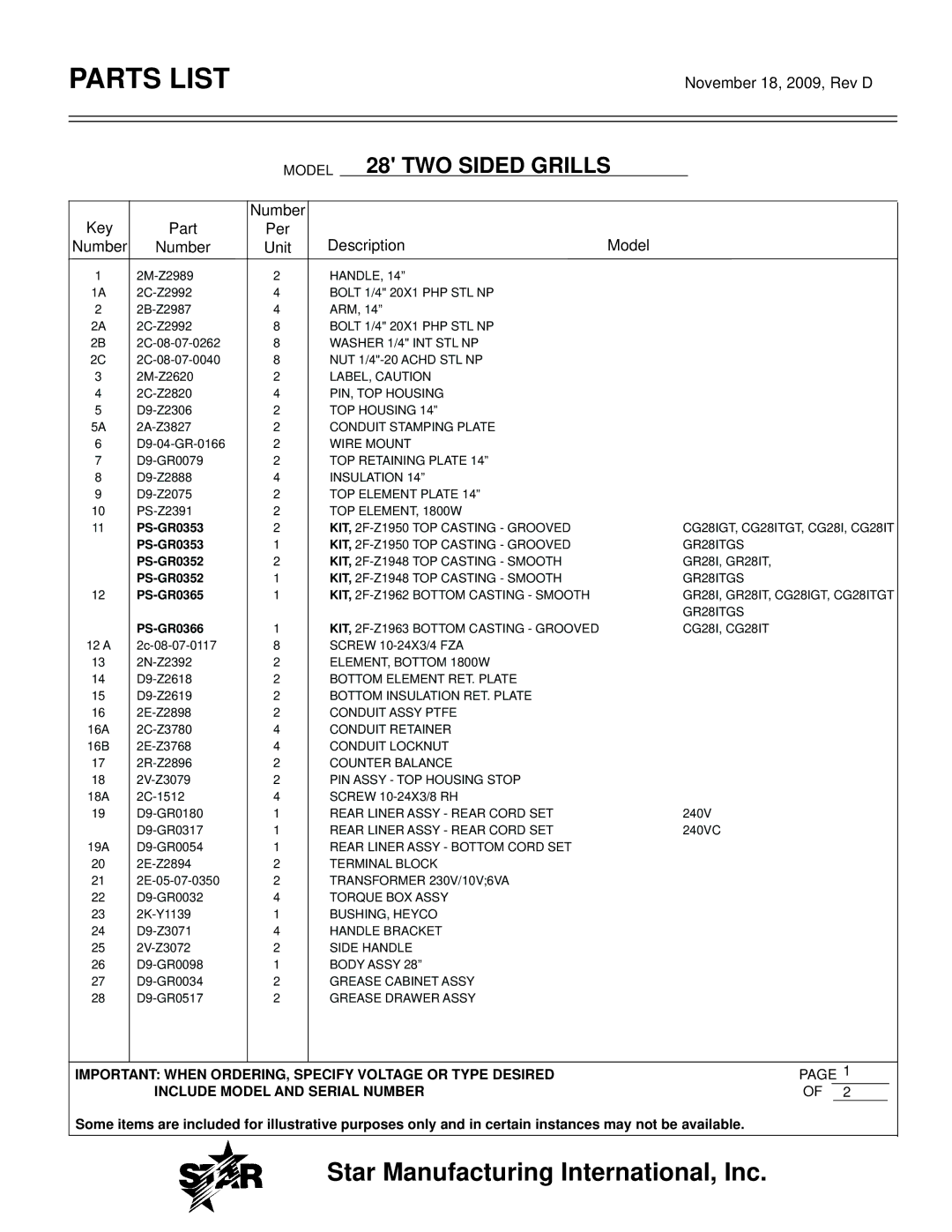 Star Manufacturing CG10, GR28, CG28, GR10 manual PS-GR0365, PS-GR0366 