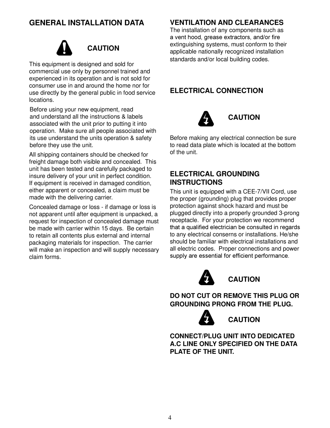 Star Manufacturing GR28, CG10, CG28, GR10 manual General Installation Data, Ventilation and Clearances, Electrical Connection 