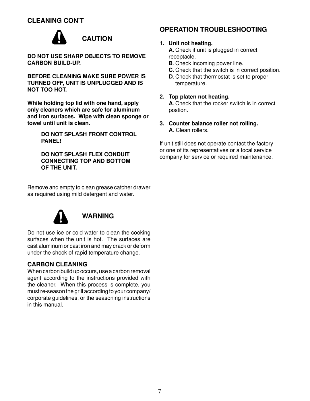 Star Manufacturing GR10, GR28, CG10, CG28 manual Operation Troubleshooting, Carbon Cleaning 