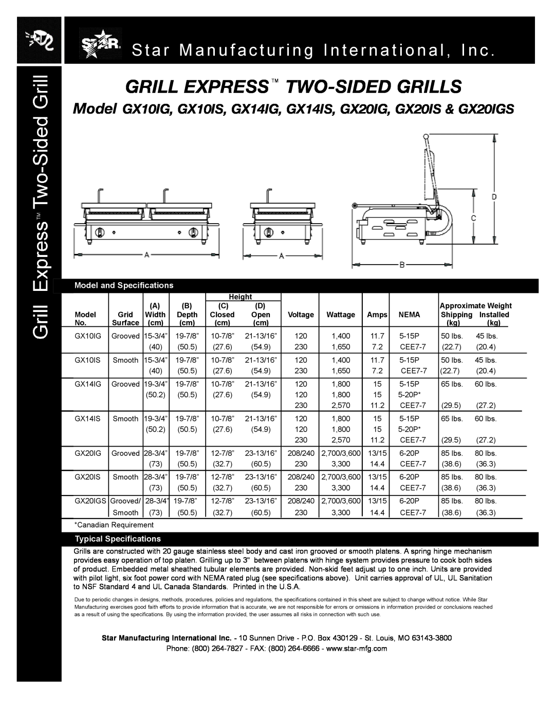 Star Manufacturing GX10IS Grill Express Tm Two-Sided Grills, Star Manufacturing International, Inc, Typical Specifications 