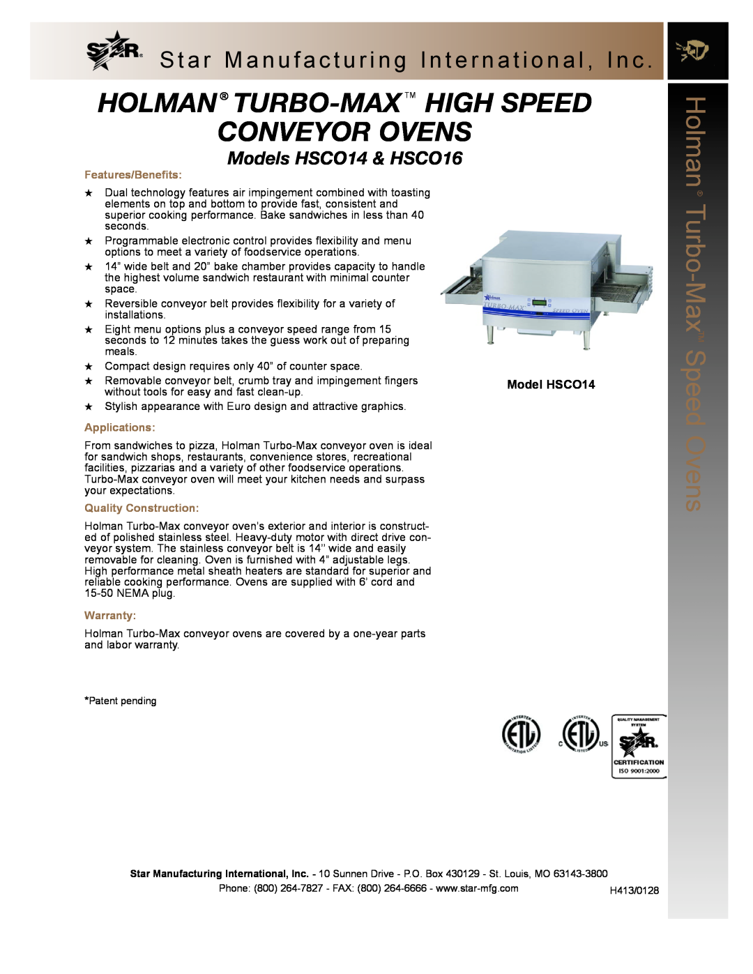 Star Manufacturing warranty Holman Turbo-Max Tm High Speed Conveyor Ovens, Models HSCO14 & HSCO16, Model HSCO14 